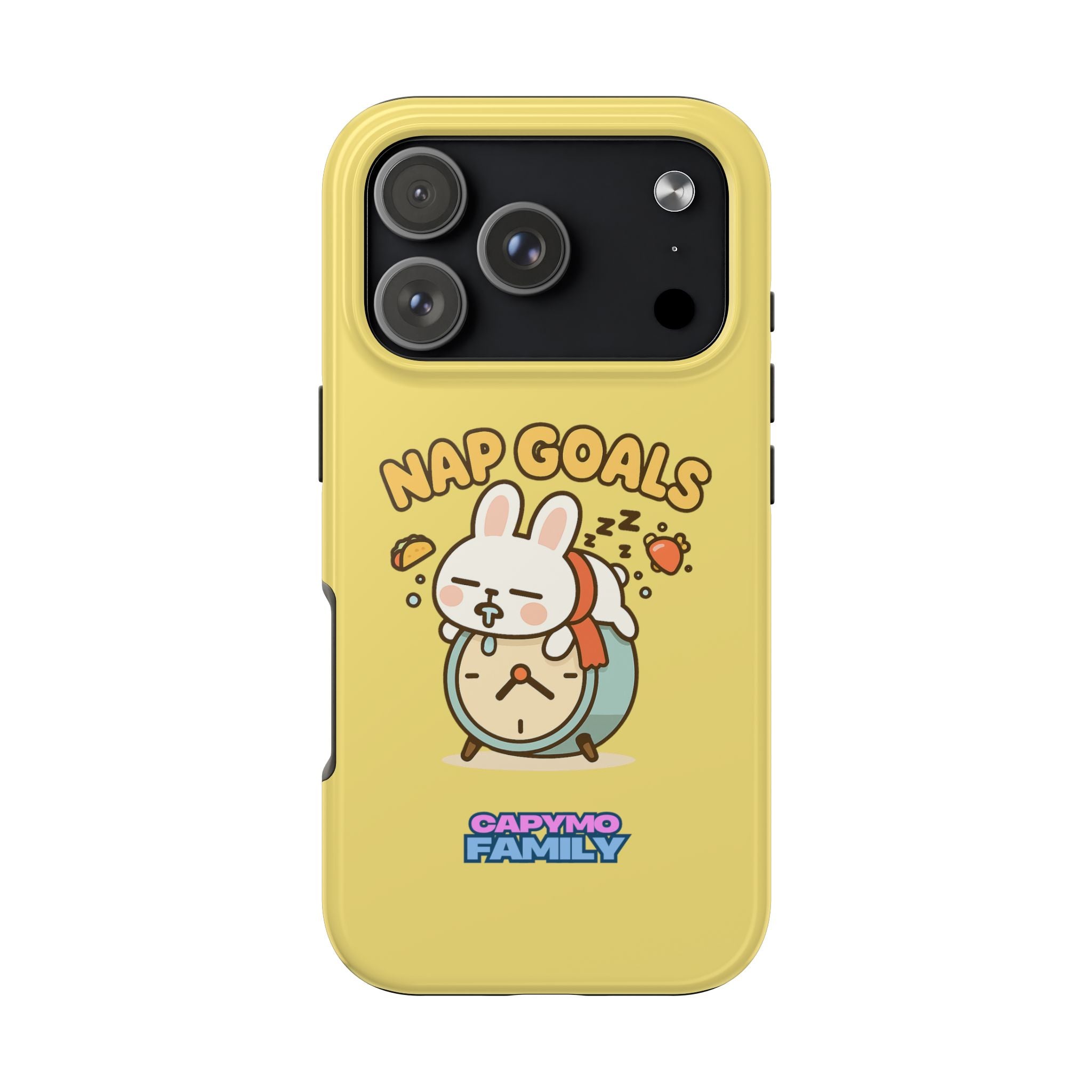 Capymo Family “Nap Goals” Phone Case – Cute Bunny Toto Sleeping on Alarm Clock Cover