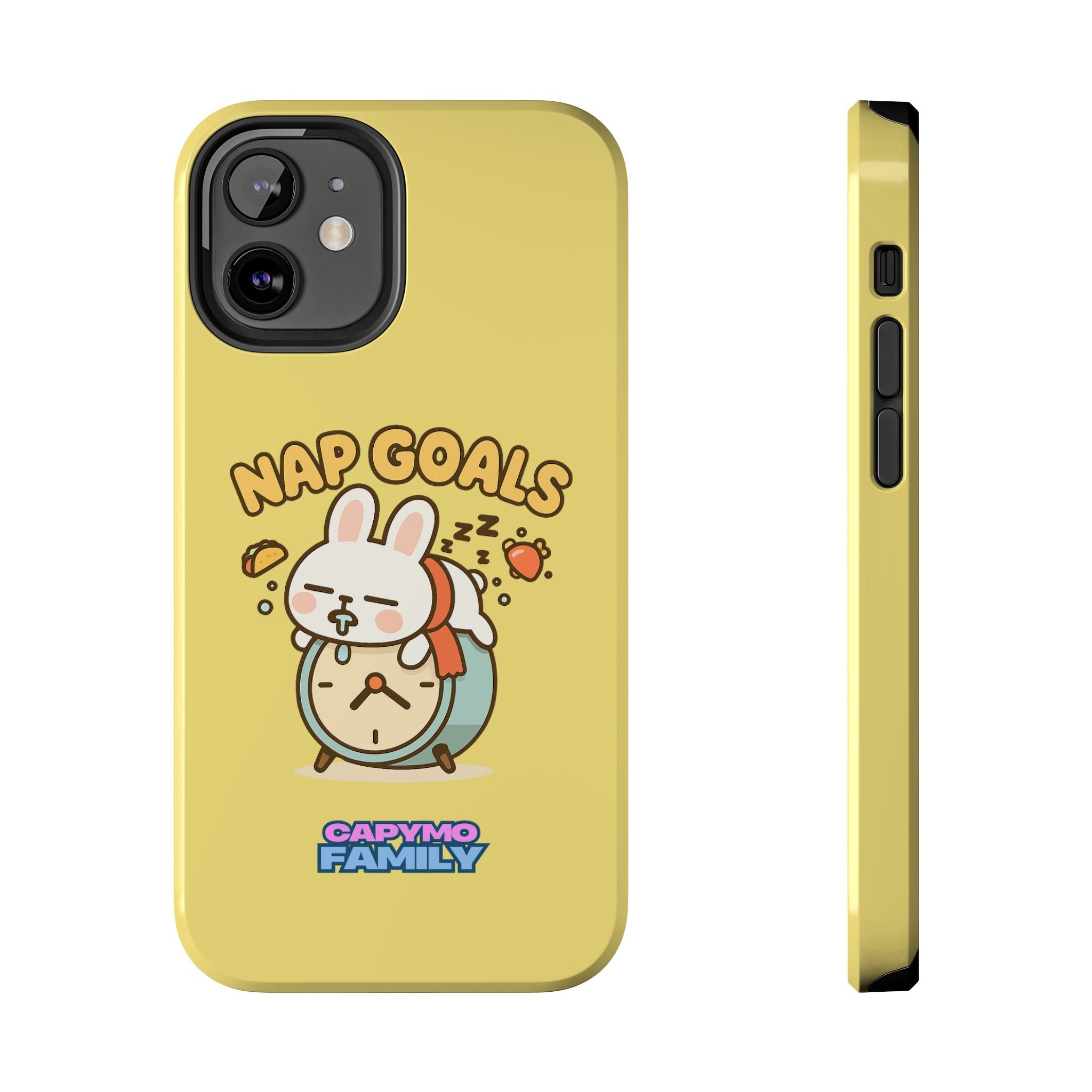 Capymo Family “Nap Goals” Phone Case – Cute Bunny Toto Sleeping on Alarm Clock Cover
