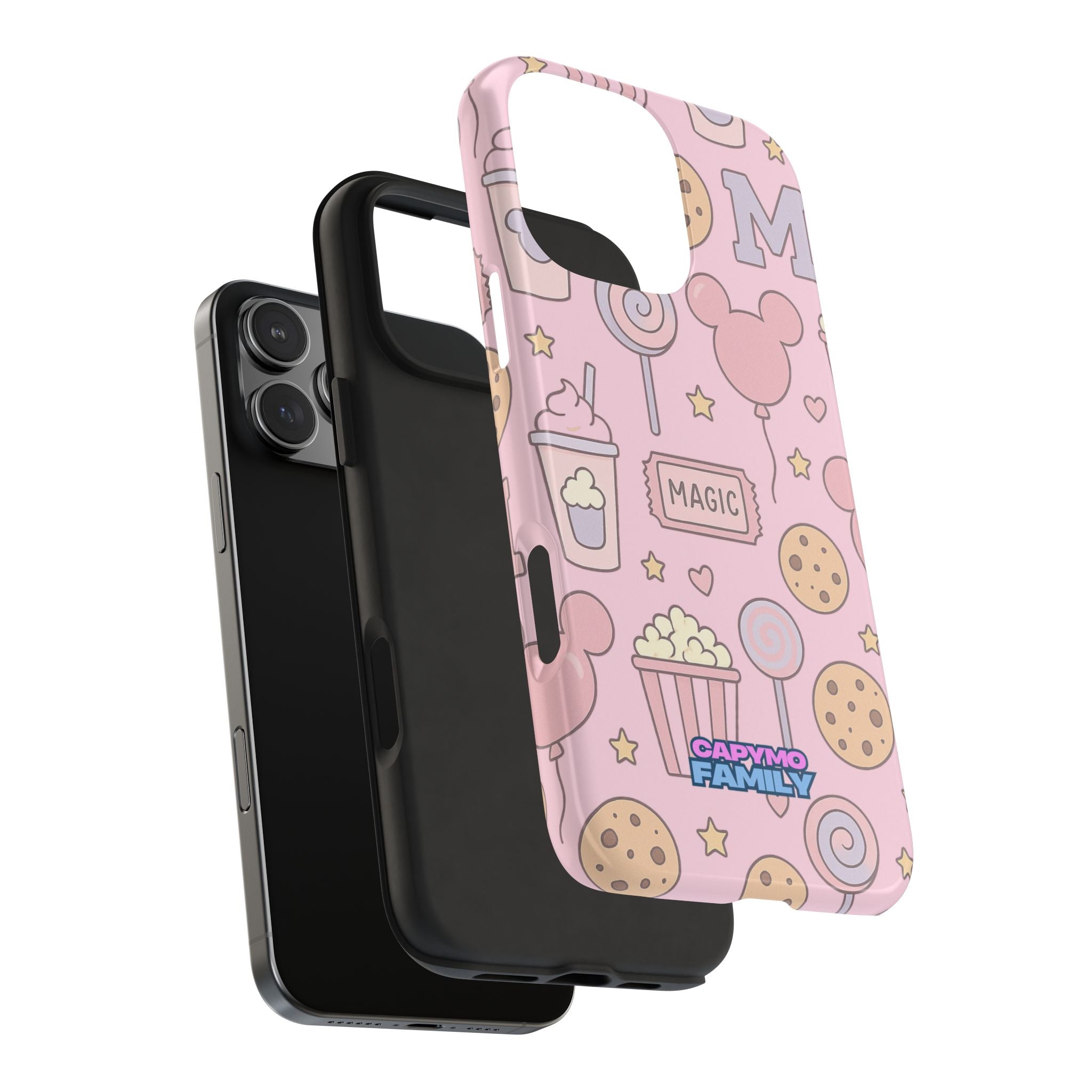 Capymo Family Kawaii Magic Snack Phone Case – Pastel Candy, Popcorn & Cookie Pattern Cover
