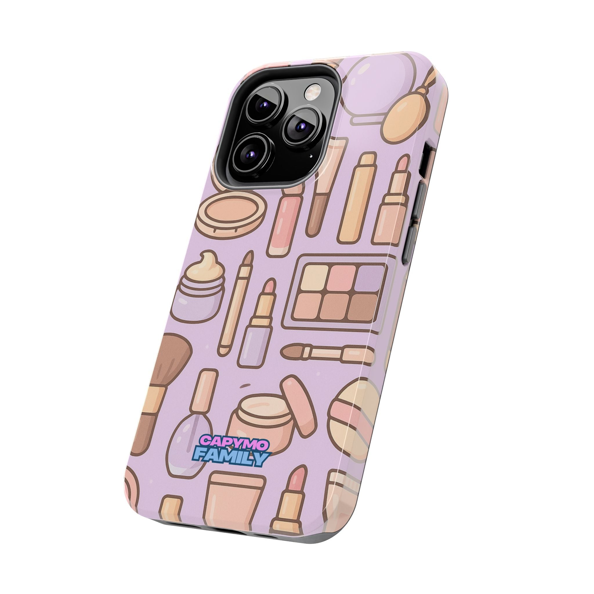 Capymo Family Kawaii Makeup Phone Case – Cute Girly iPhone Cover with Cosmetic Beauty Pattern