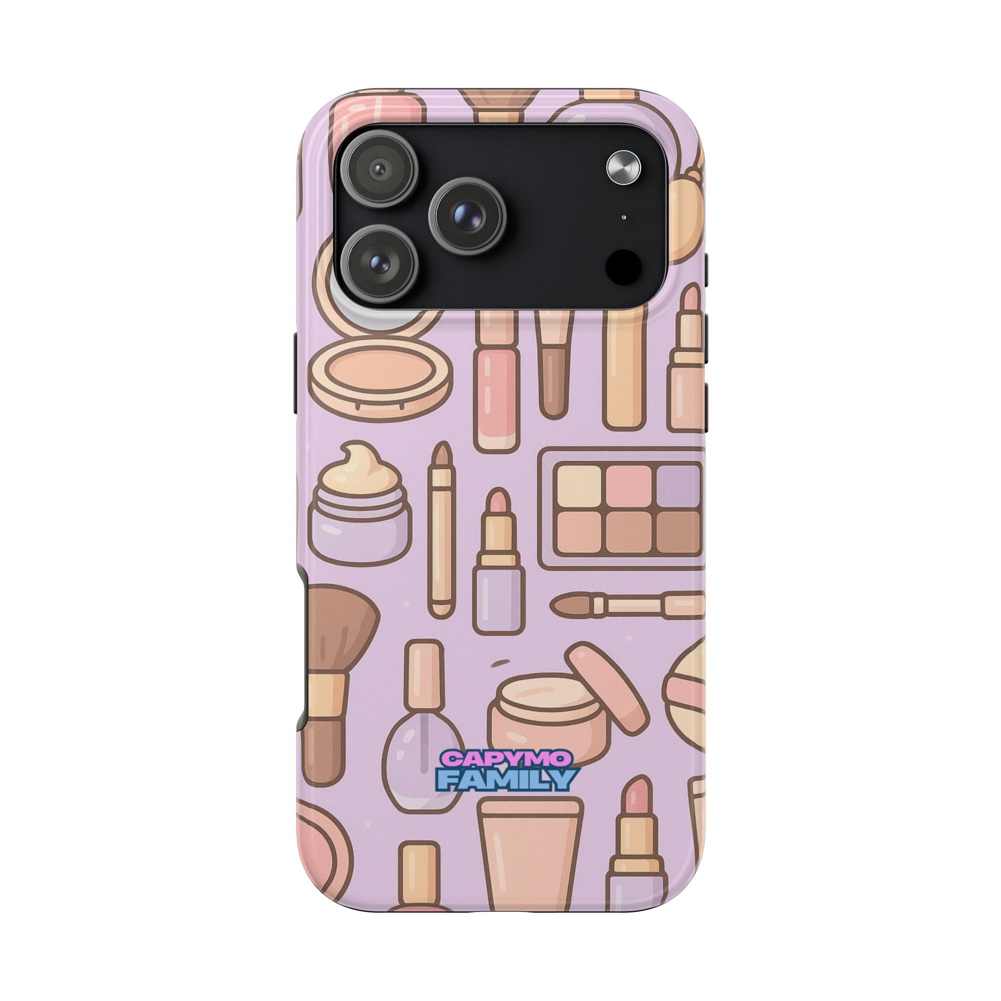 Capymo Family Kawaii Makeup Phone Case – Cute Girly iPhone Cover with Cosmetic Beauty Pattern