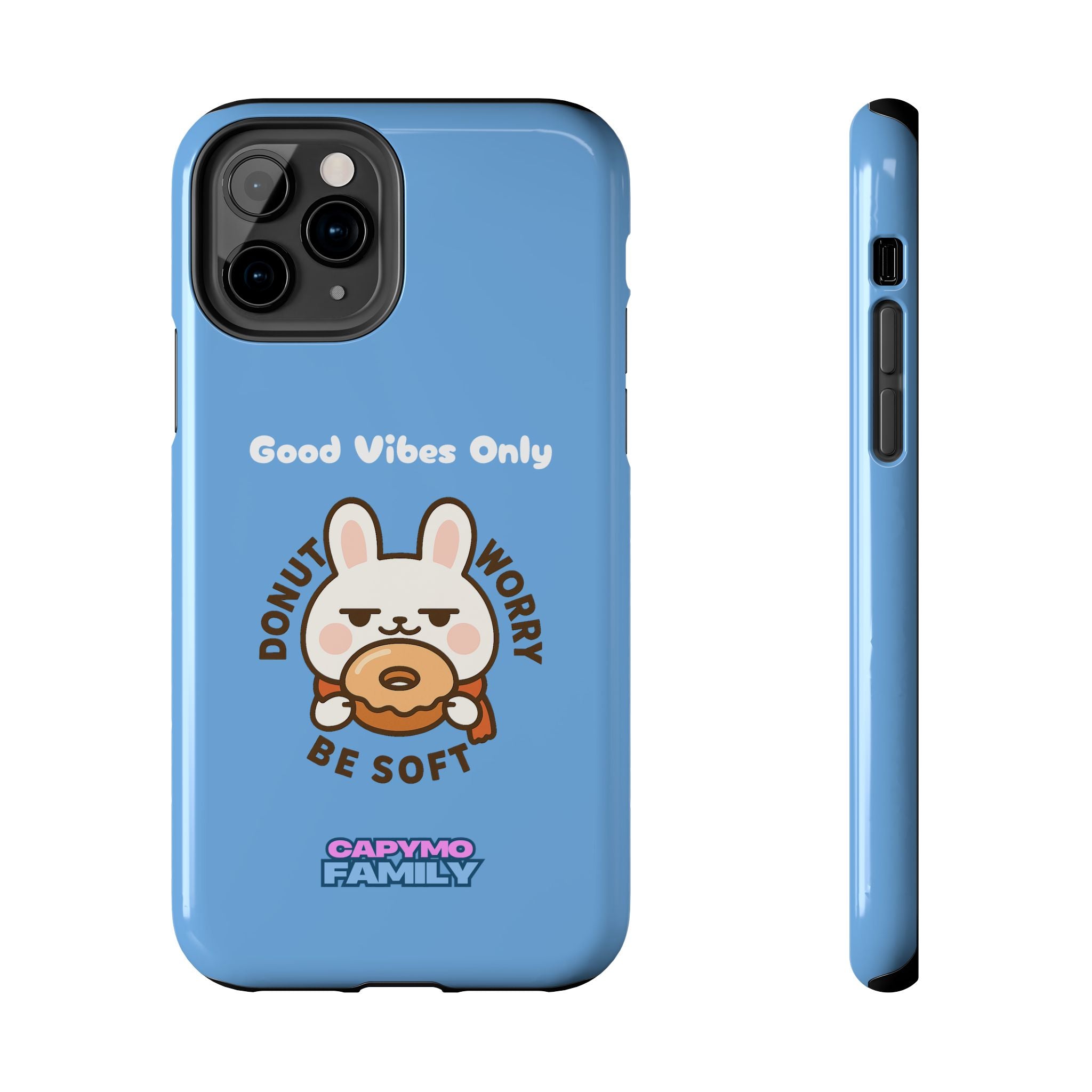 Capymo Family “Donut Worry, Be Soft” Phone Case – Cute Bunny & Donut Positive Vibes Cover