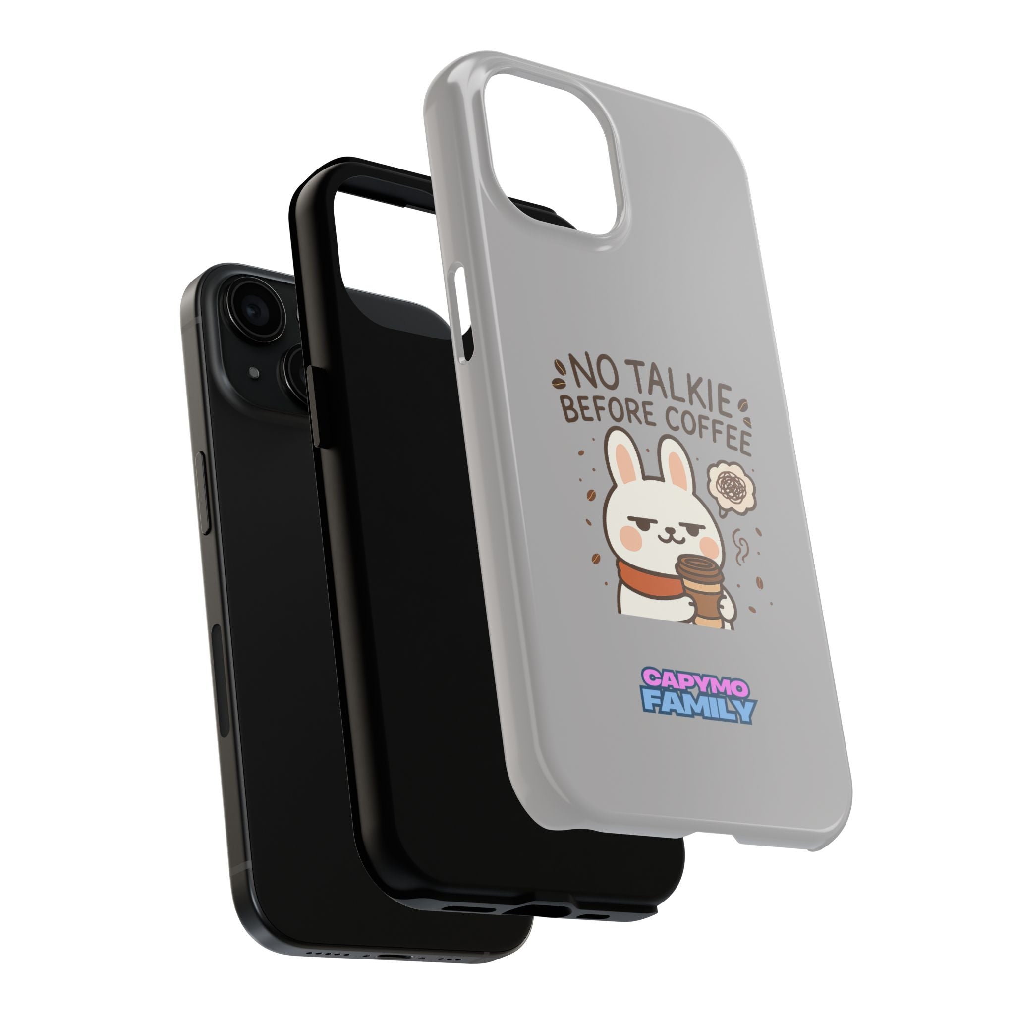 Capymo Family “No Talkie Before Coffee” Phone Case – Grumpy Bunny Morning Mood