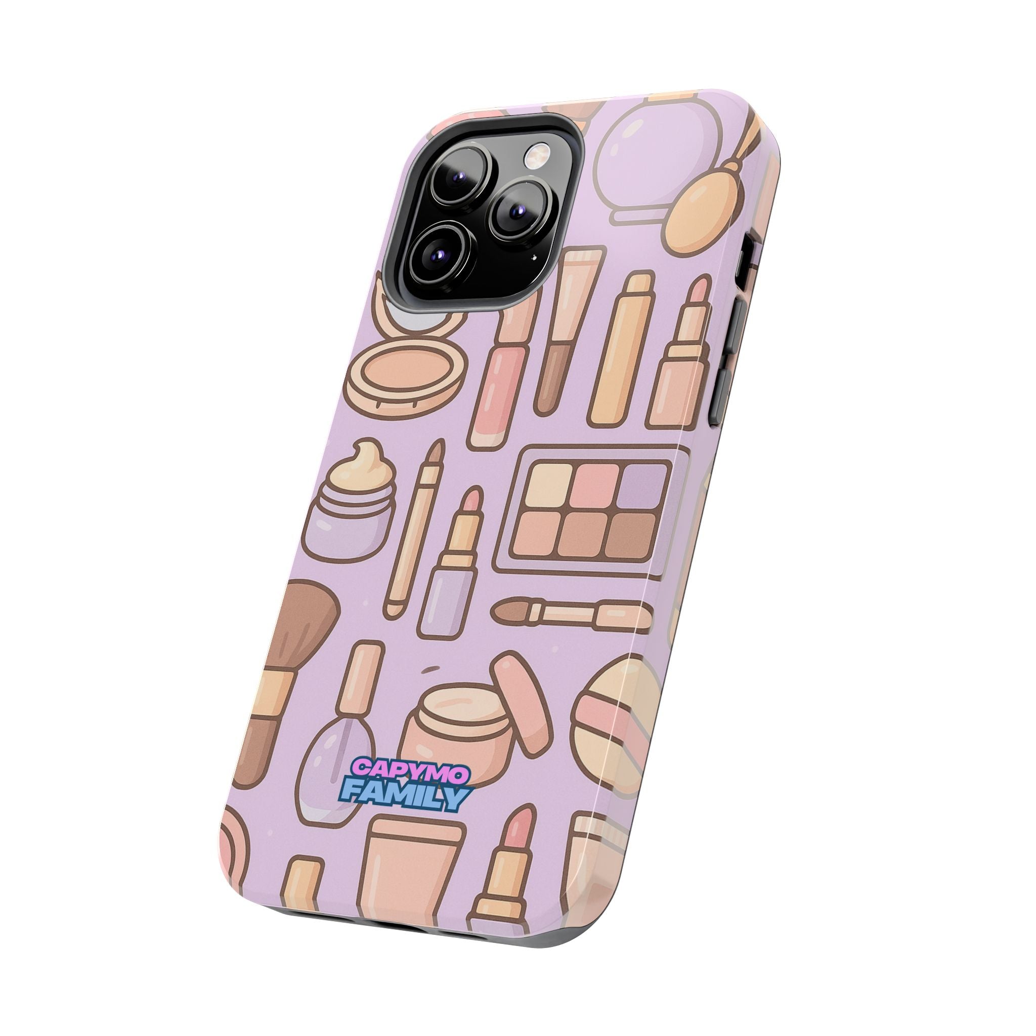 Capymo Family Kawaii Makeup Phone Case – Cute Girly iPhone Cover with Cosmetic Beauty Pattern