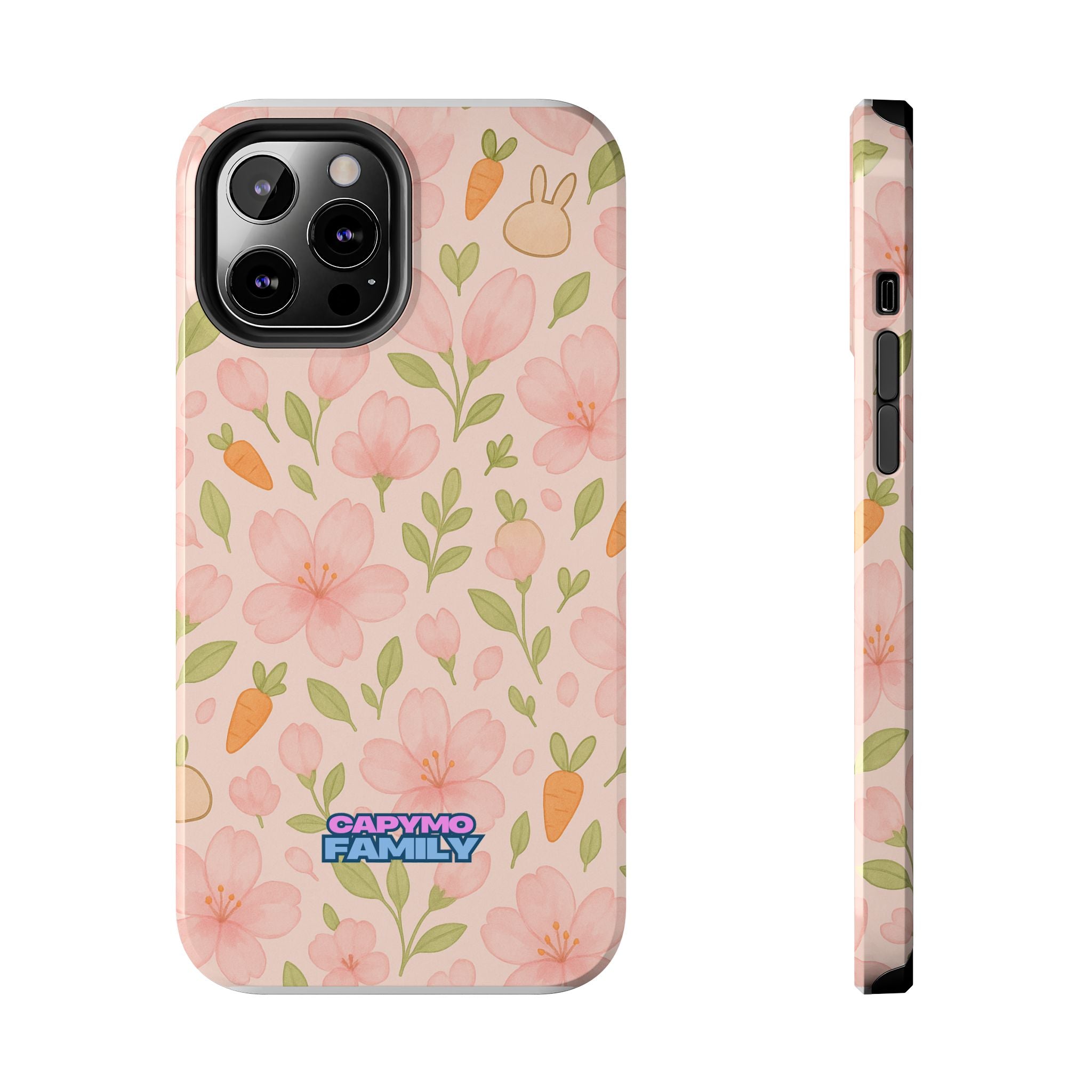 Capymo Family Bunny Blossom Spring Phone Case – Cute Floral iPhone Cover with Carrots & Sakura