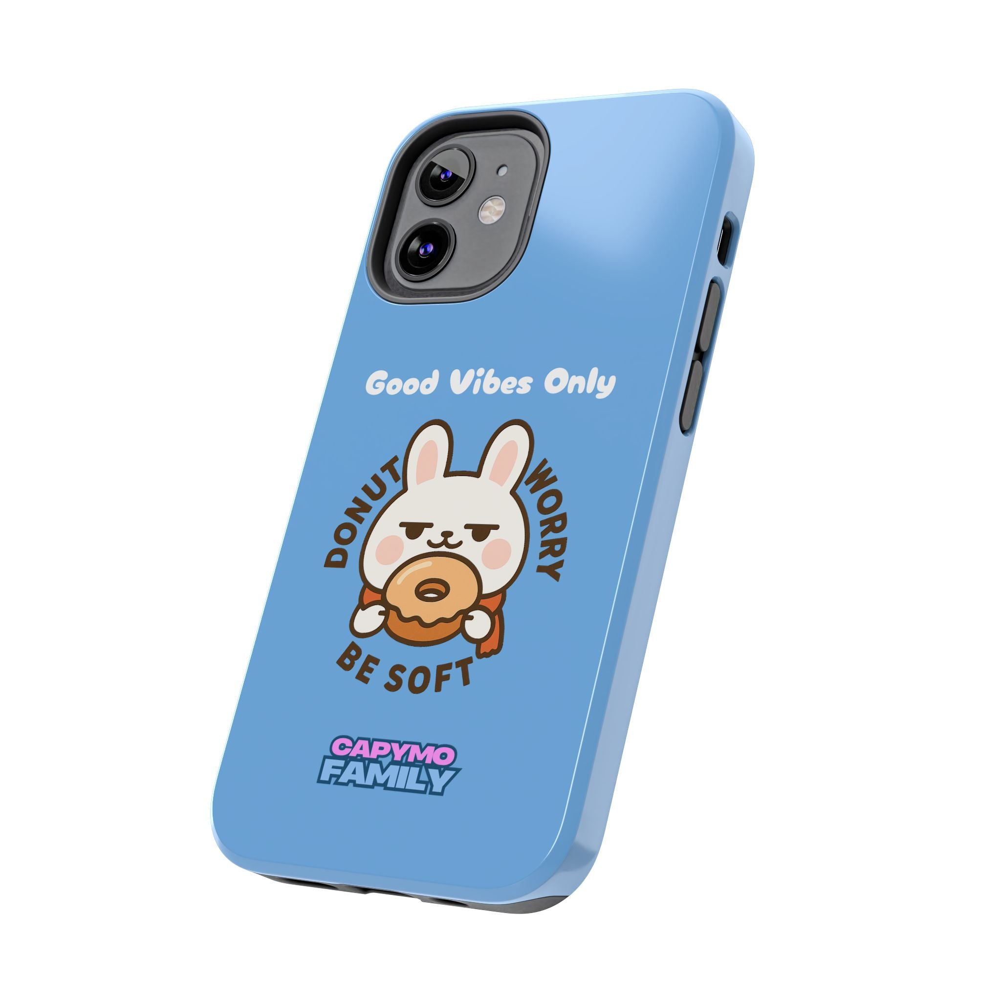 Capymo Family “Donut Worry, Be Soft” Phone Case – Cute Bunny & Donut Positive Vibes Cover