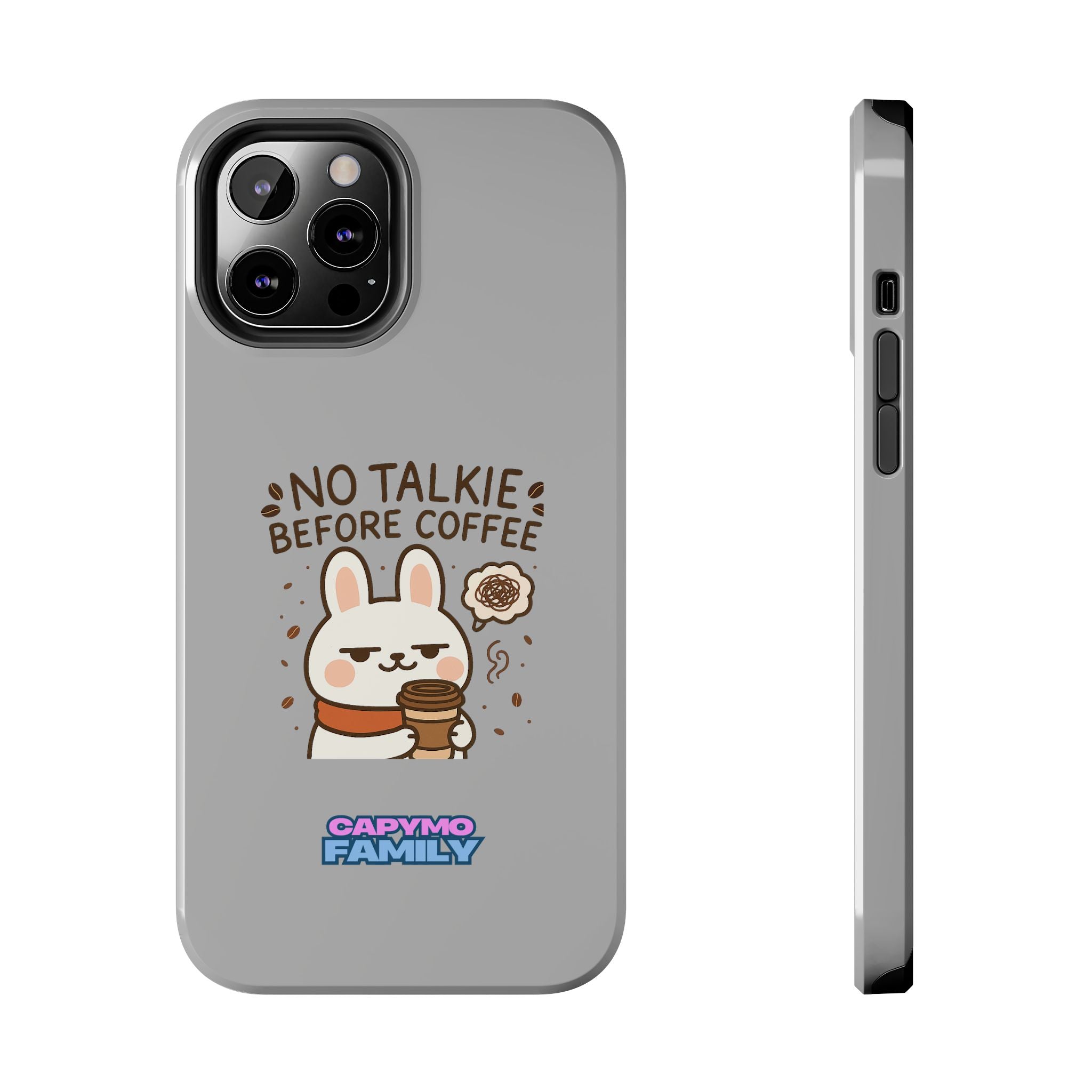 Capymo Family “No Talkie Before Coffee” Phone Case – Grumpy Bunny Morning Mood