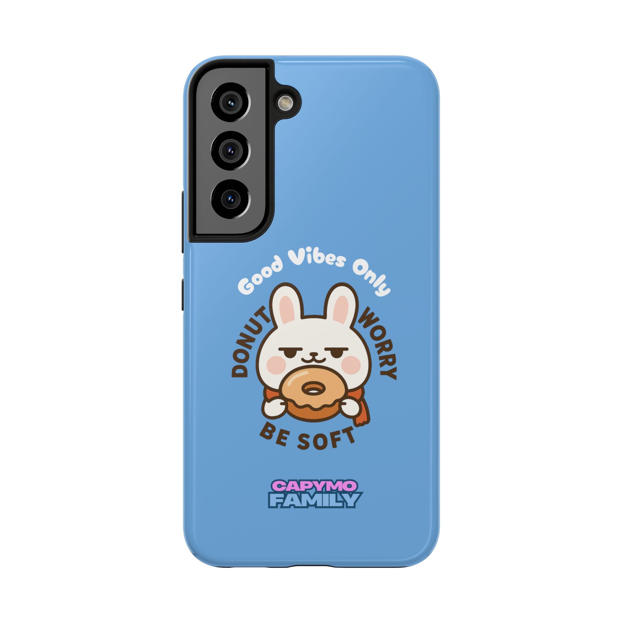 Capymo Family “Donut Worry, Be Soft” Phone Case – Cute Bunny & Donut Positive Vibes Cover