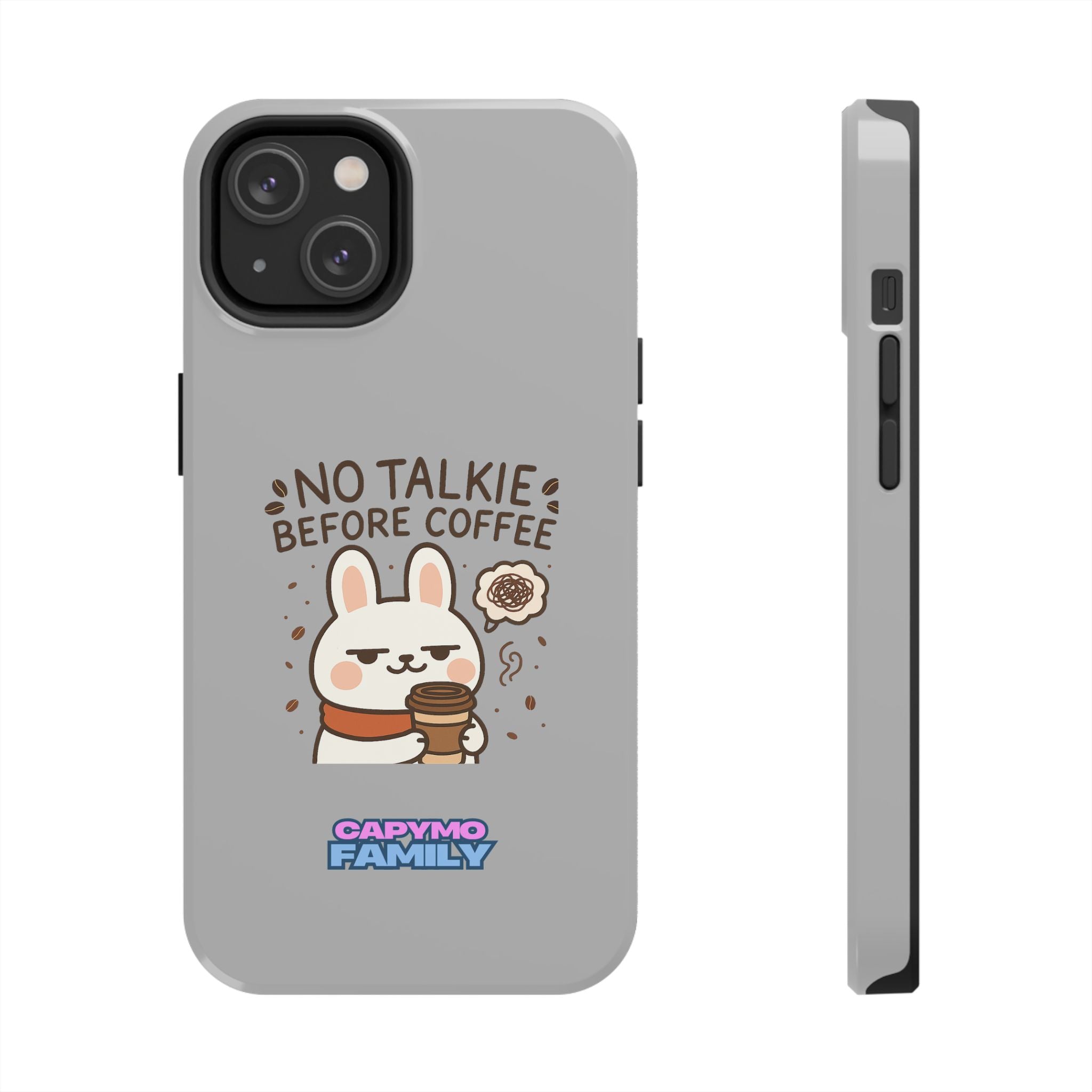 Capymo Family “No Talkie Before Coffee” Phone Case – Grumpy Bunny Morning Mood