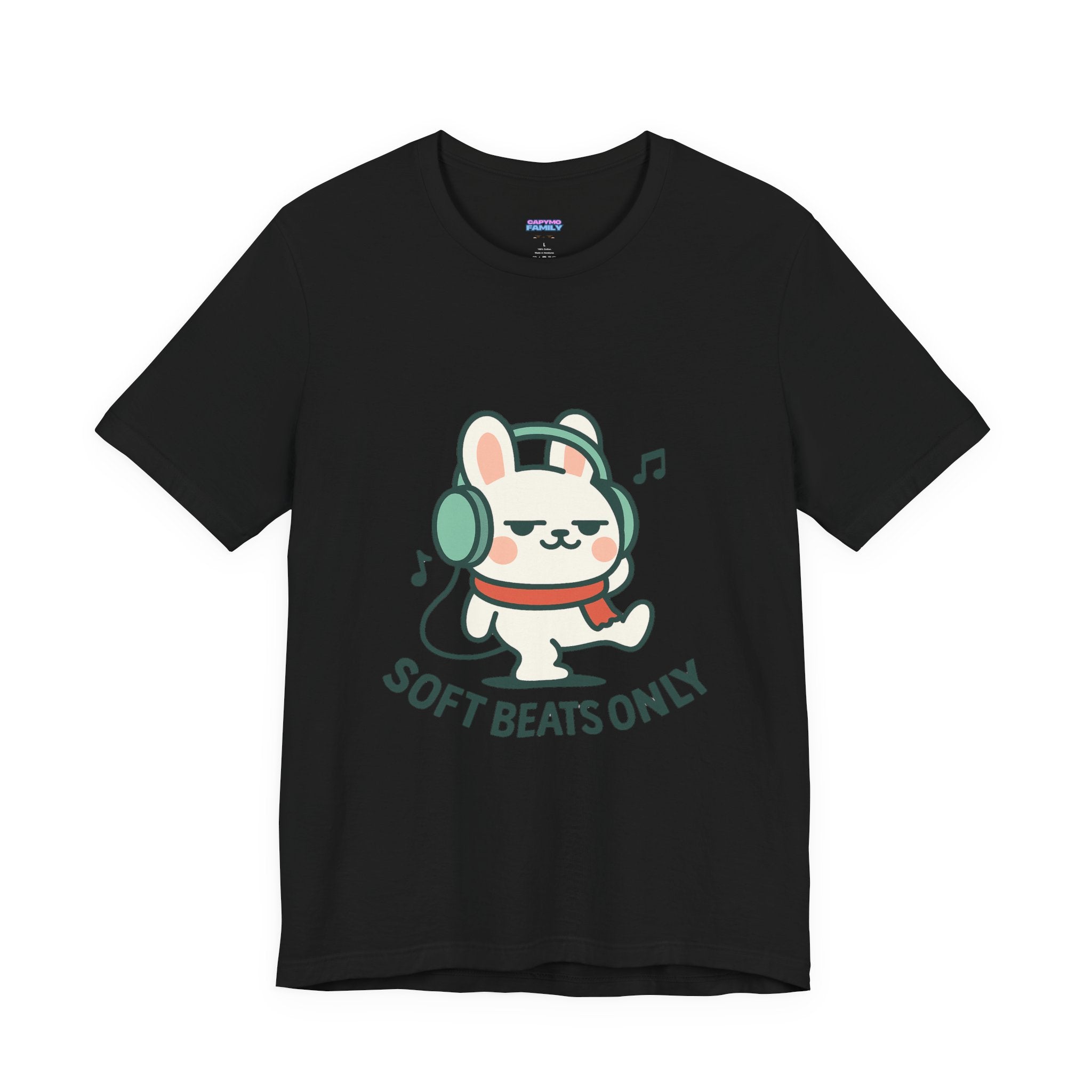 Capymo Family Cute Bunny Music Unisex Tee, Soft Beats Only, Gift for Music Lovers, Relaxed Fit T-Shirt, Animal Lover Apparel, Casual Wear