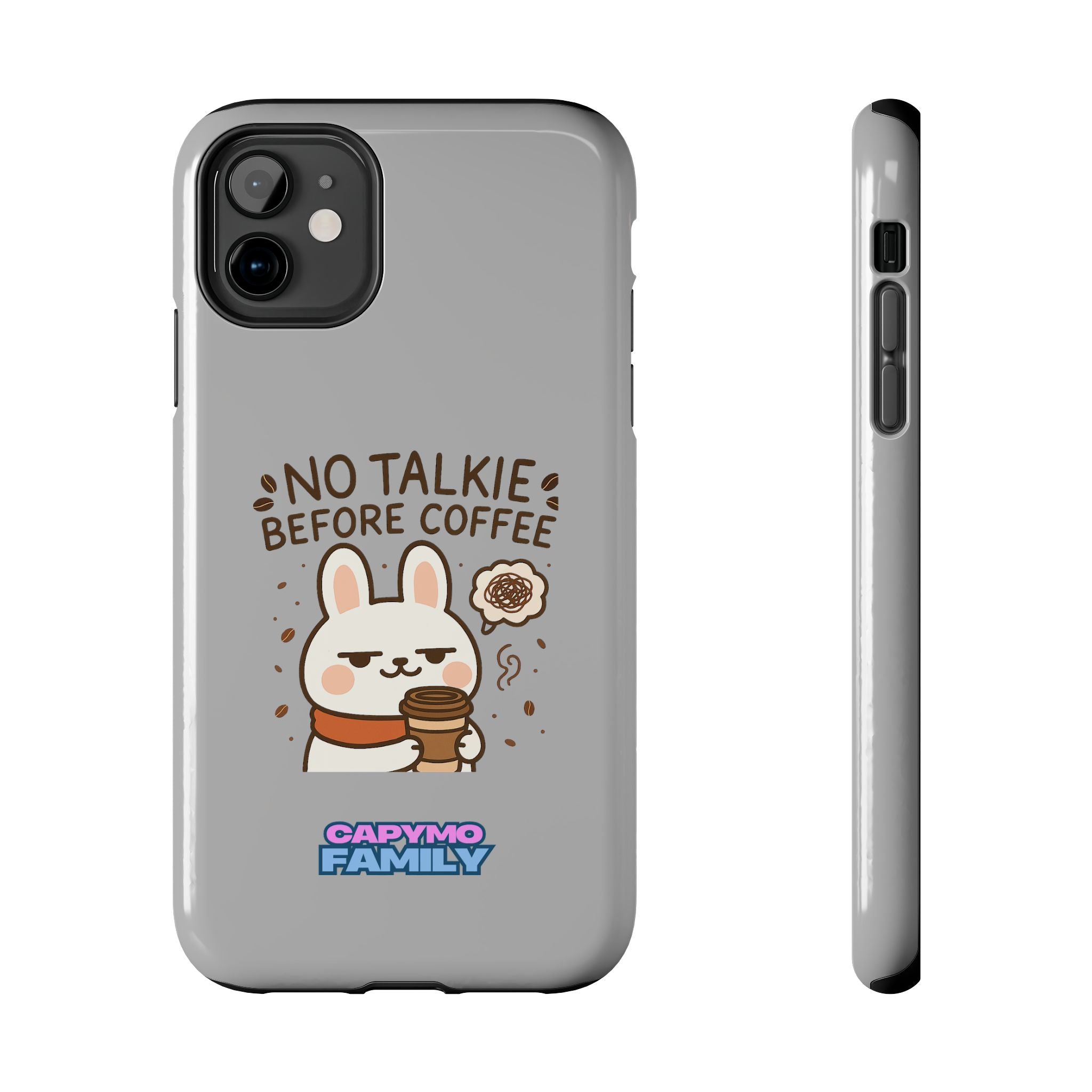 Capymo Family “No Talkie Before Coffee” Phone Case – Grumpy Bunny Morning Mood
