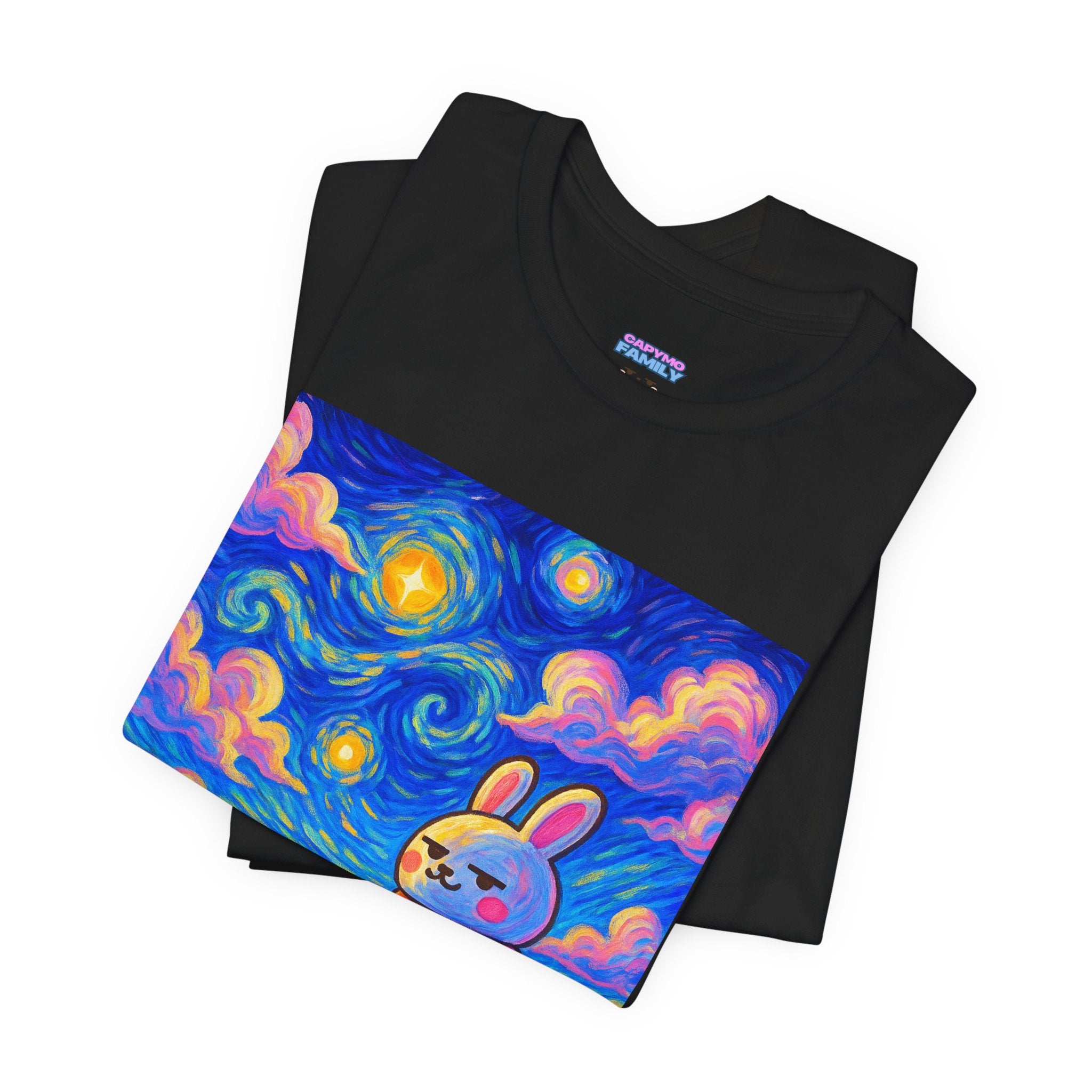 Capymo Family Starry Sky Night Vibrant Bunny Graphic Tee, Fun and Whimsical Short Sleeve Shirt, Perfect for Family Gatherings, Easter, or Everyday Wear