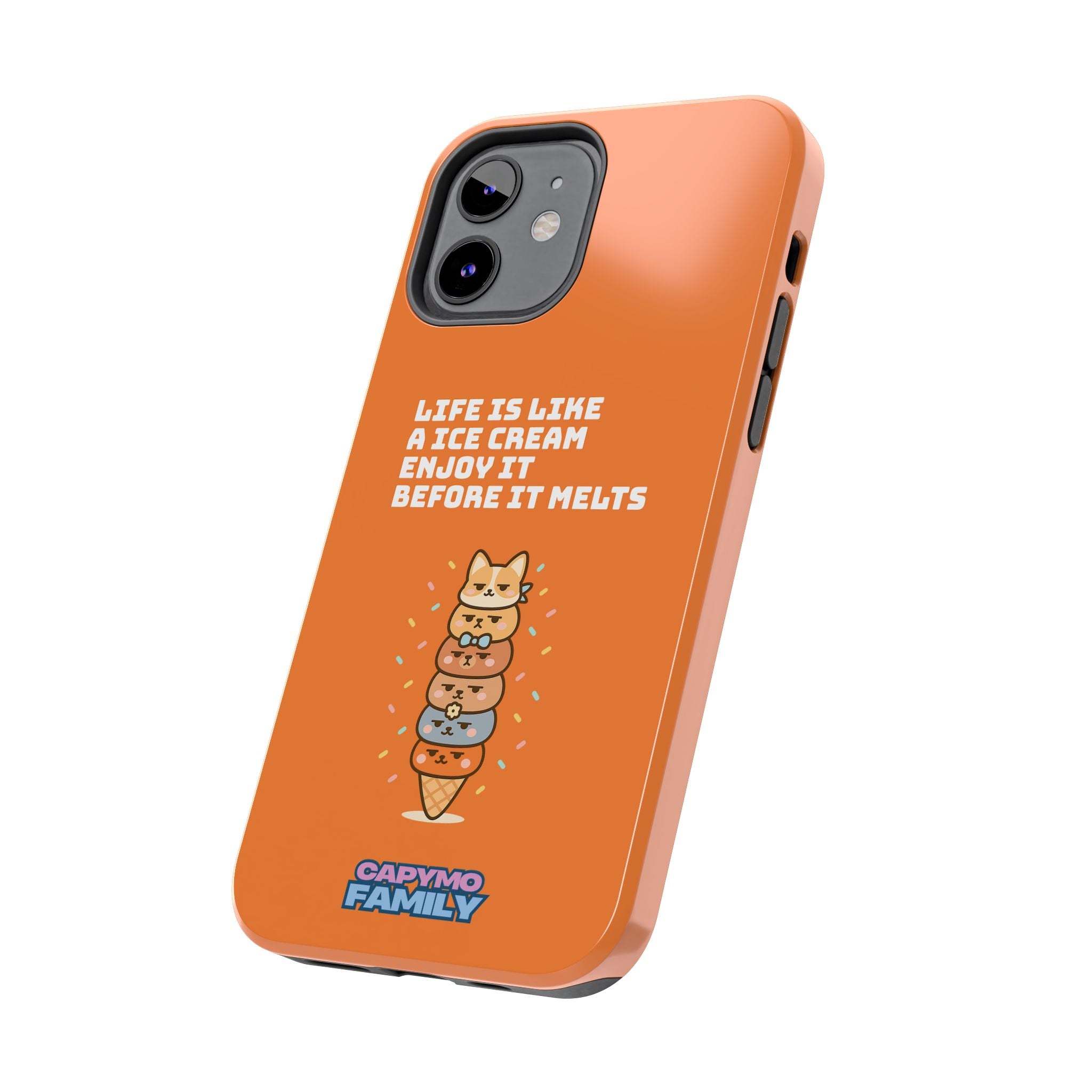 Capymo Family Ice Cream Cat Quote Phone Case – Cute Orange iPhone Cover with Motivational Saying