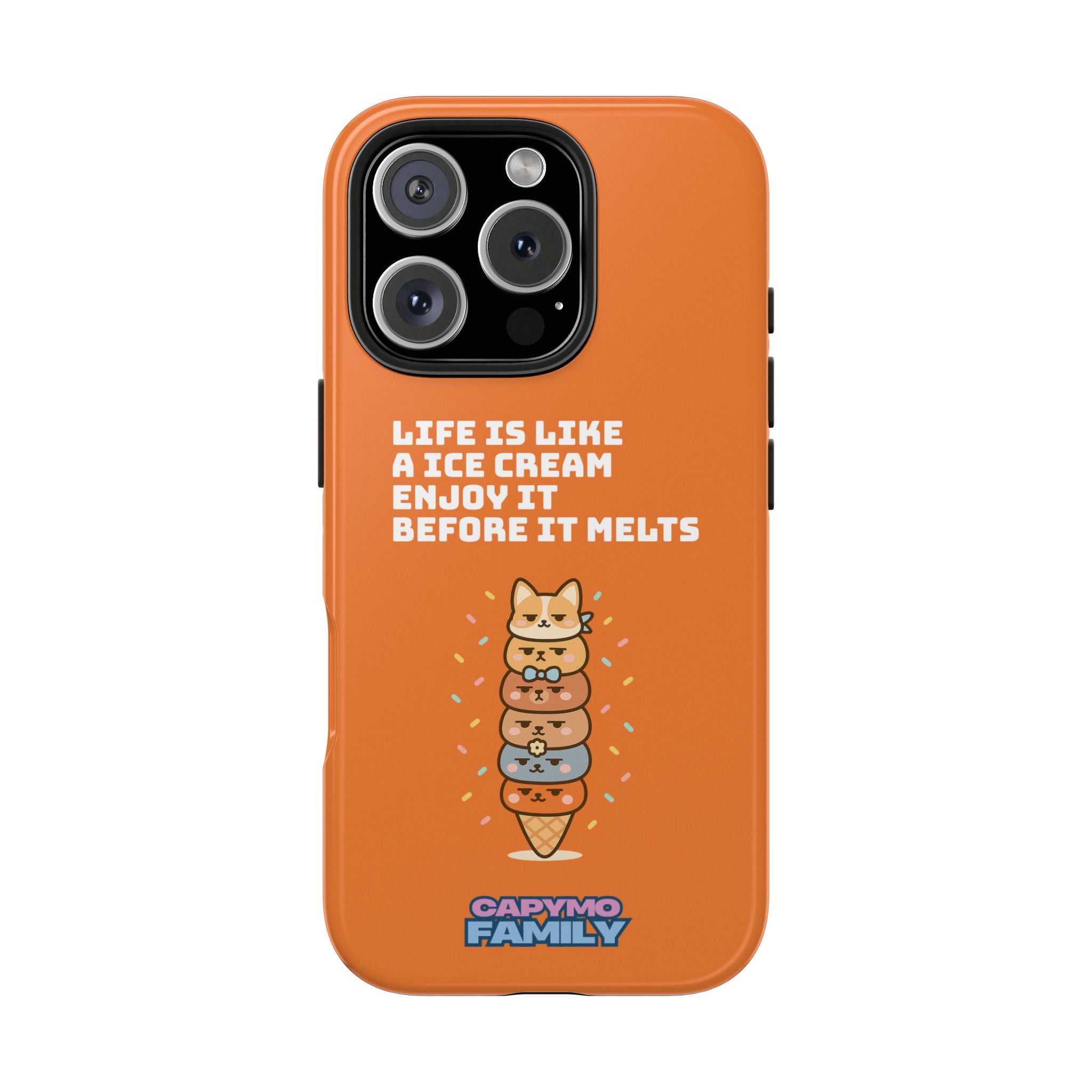 Capymo Family Ice Cream Cat Quote Phone Case – Cute Orange iPhone Cover with Motivational Saying