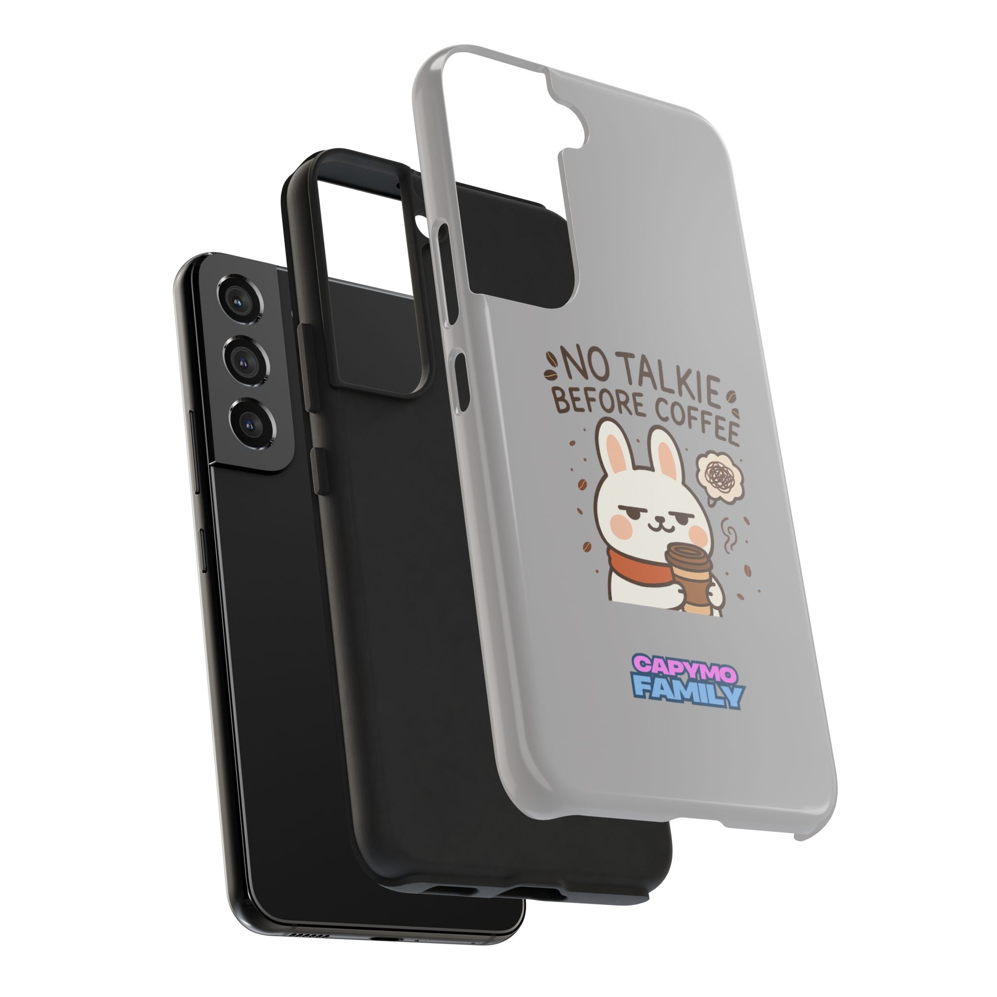 Capymo Family “No Talkie Before Coffee” Phone Case – Grumpy Bunny Morning Mood