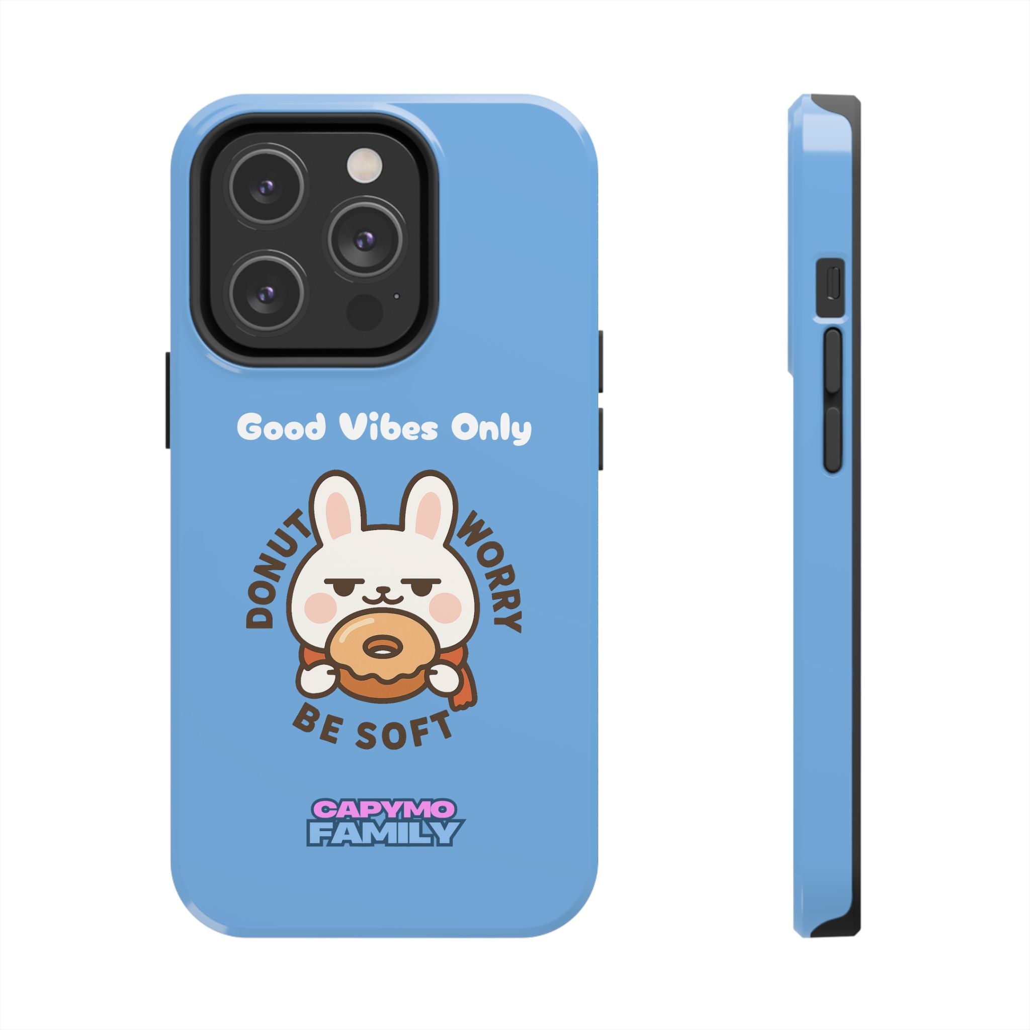 Capymo Family “Donut Worry, Be Soft” Phone Case – Cute Bunny & Donut Positive Vibes Cover