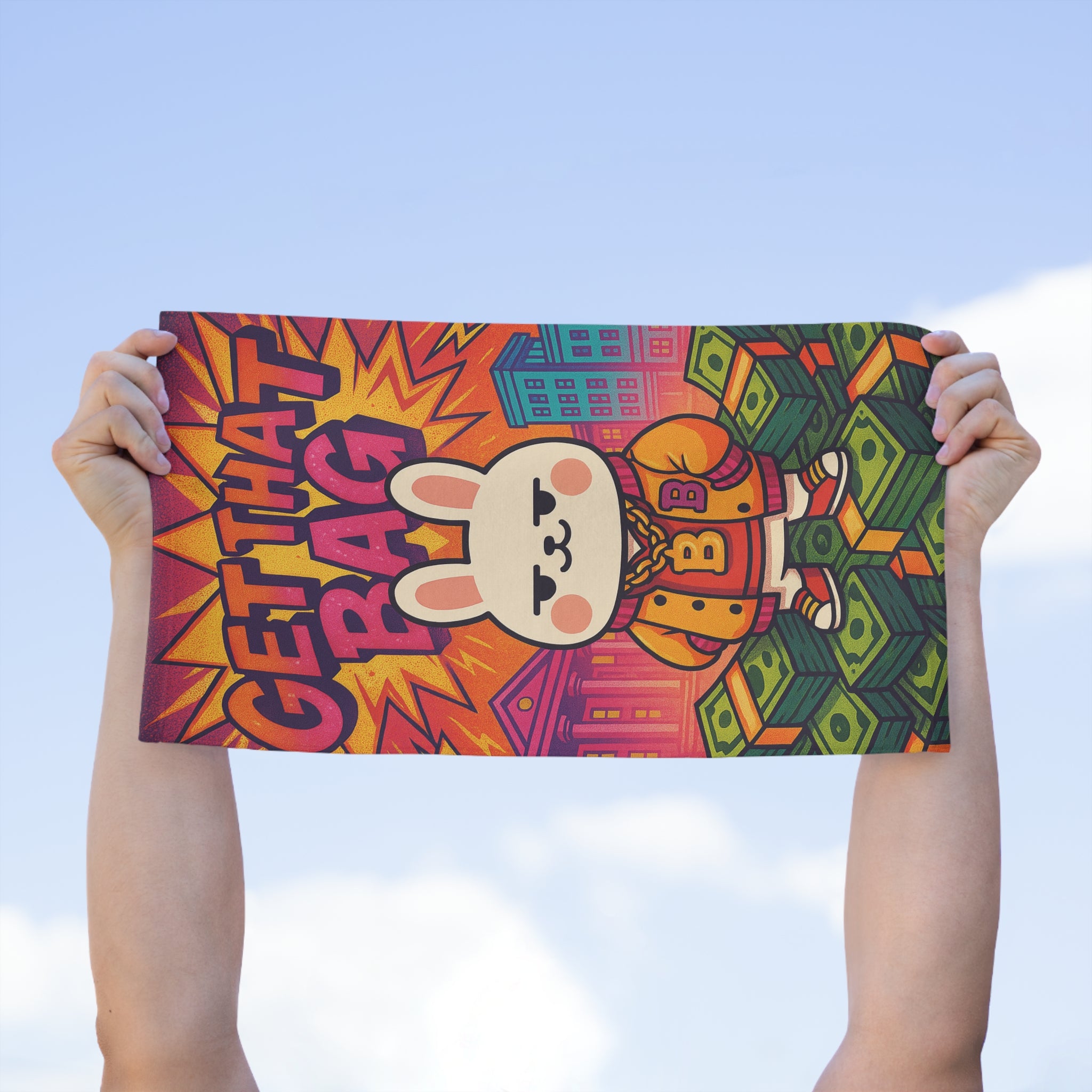 Capymo Family Vibrant Rally Towel - Get That Bag Bunny Design, Sports Towel, Gym Accessory, Colorful Beach Towel, Motivational Gift