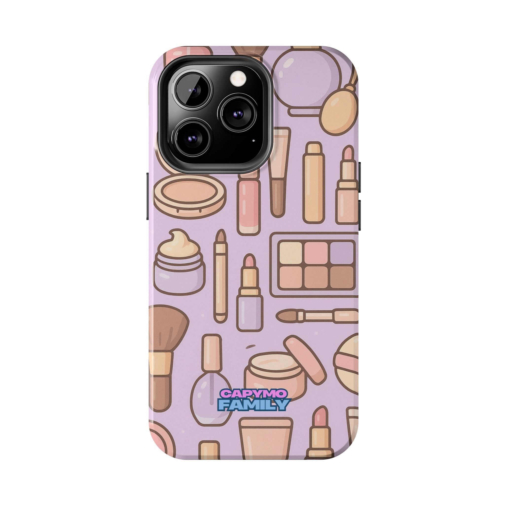 Capymo Family Kawaii Makeup Phone Case – Cute Girly iPhone Cover with Cosmetic Beauty Pattern