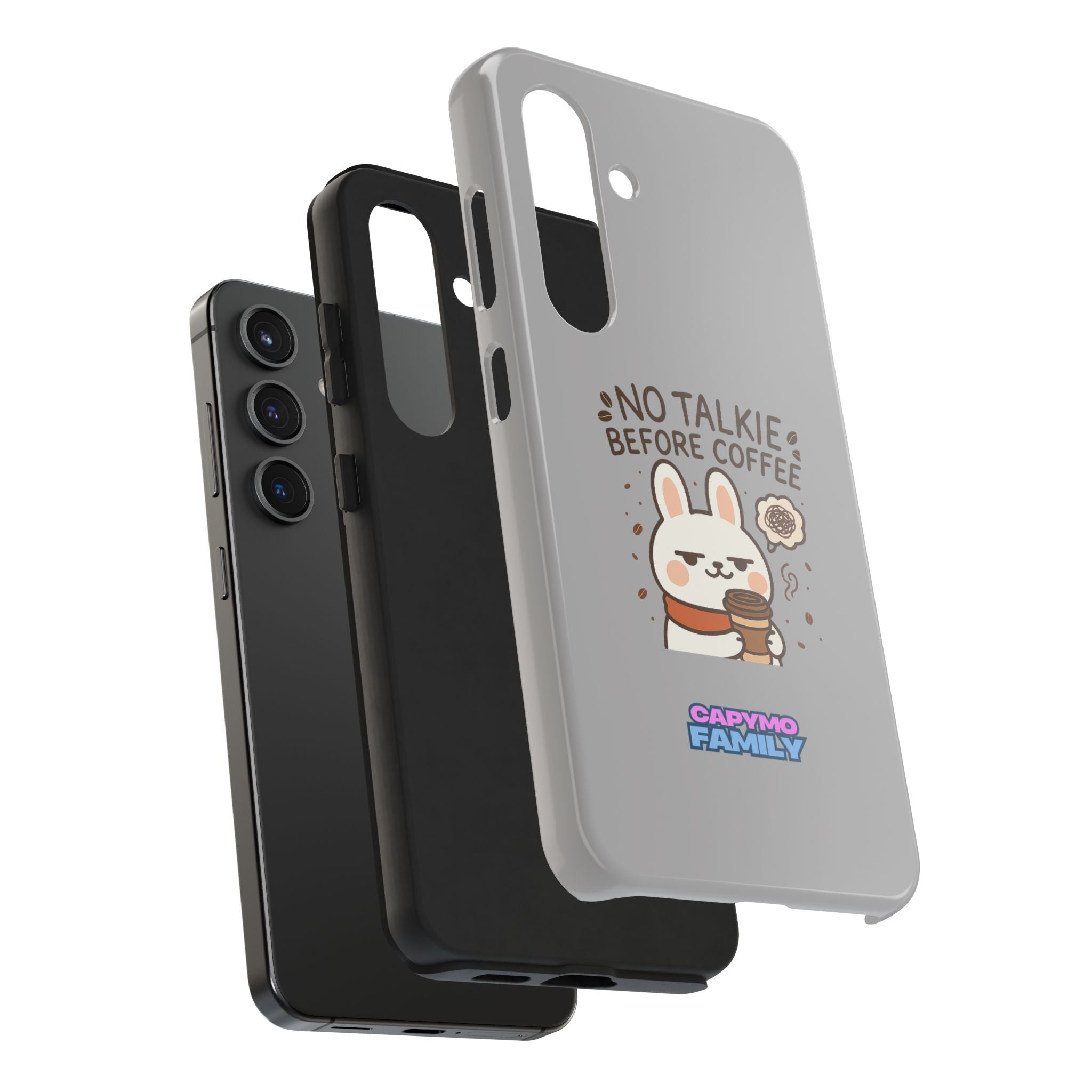 Capymo Family “No Talkie Before Coffee” Phone Case – Grumpy Bunny Morning Mood