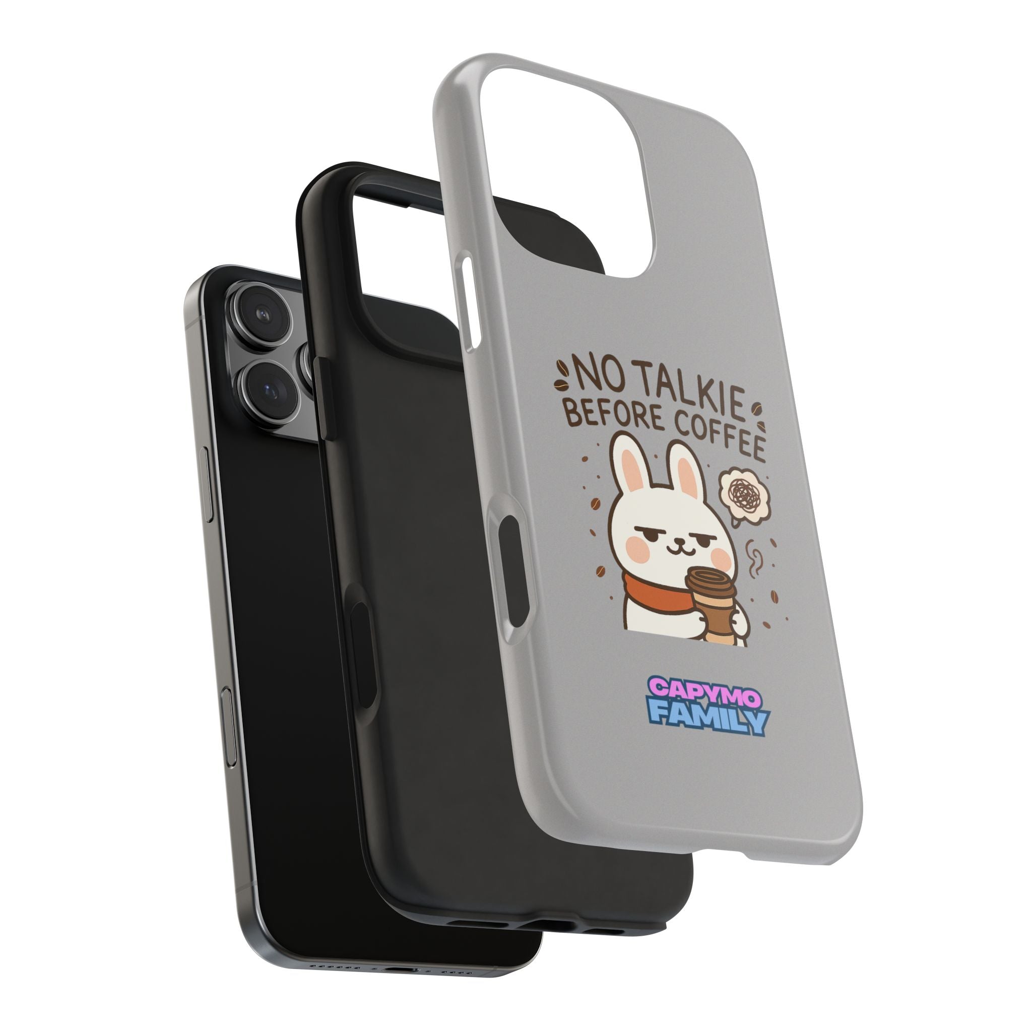 Capymo Family “No Talkie Before Coffee” Phone Case – Grumpy Bunny Morning Mood