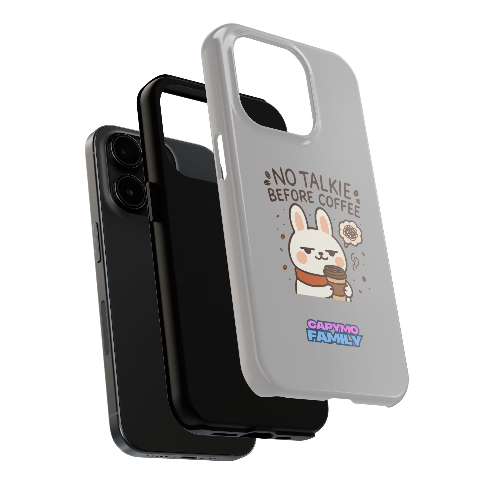 Capymo Family “No Talkie Before Coffee” Phone Case – Grumpy Bunny Morning Mood