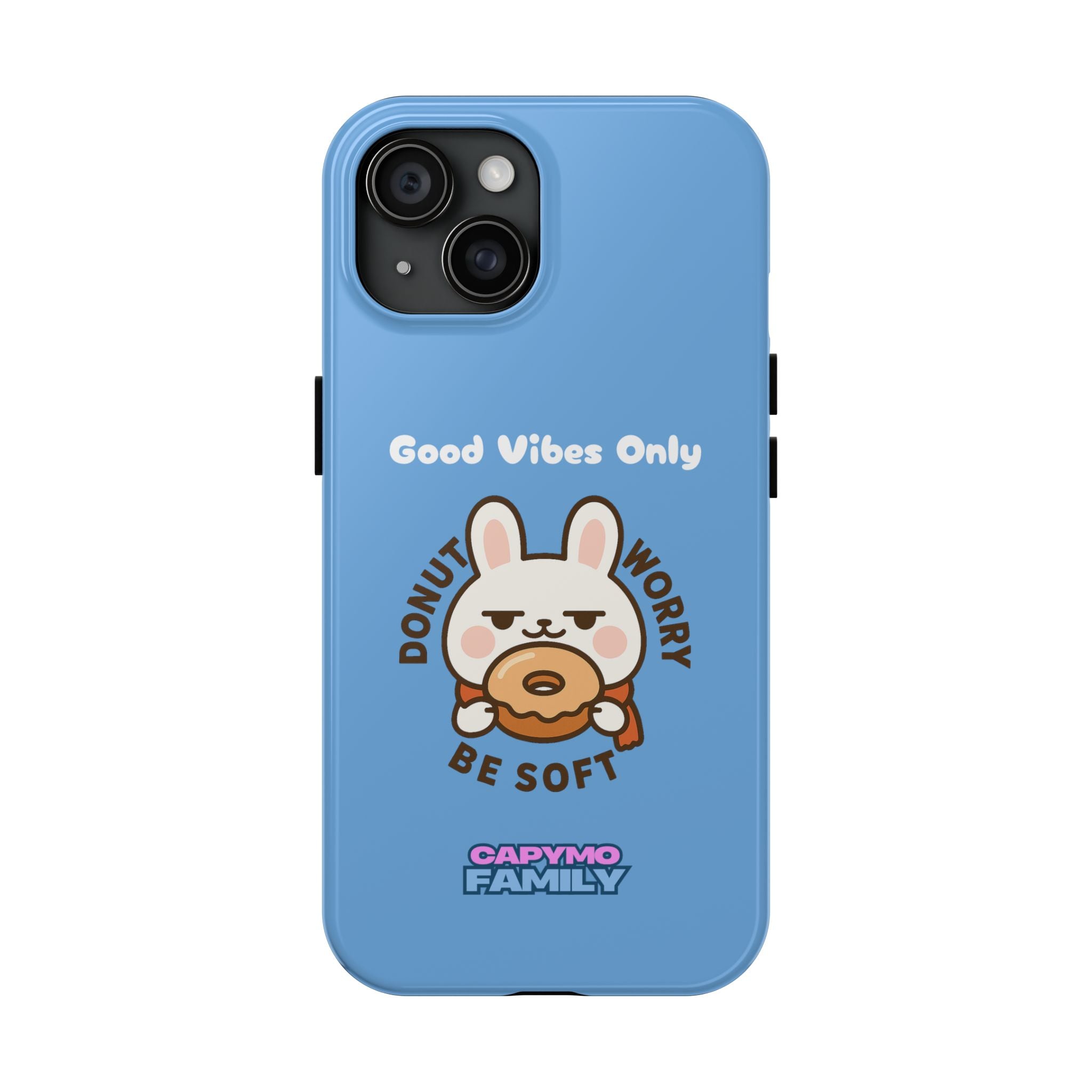 Capymo Family “Donut Worry, Be Soft” Phone Case – Cute Bunny & Donut Positive Vibes Cover