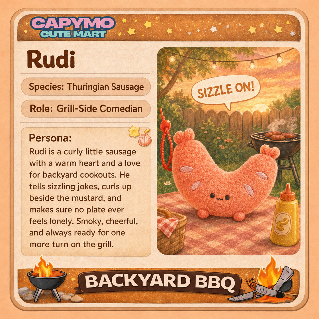 A stylized product card for a Capymo Cute Mart 'Rudi' Thuringian Sausage, designed as a retro cartoon poster with illustrations of a backyard barbecue scene and product details.