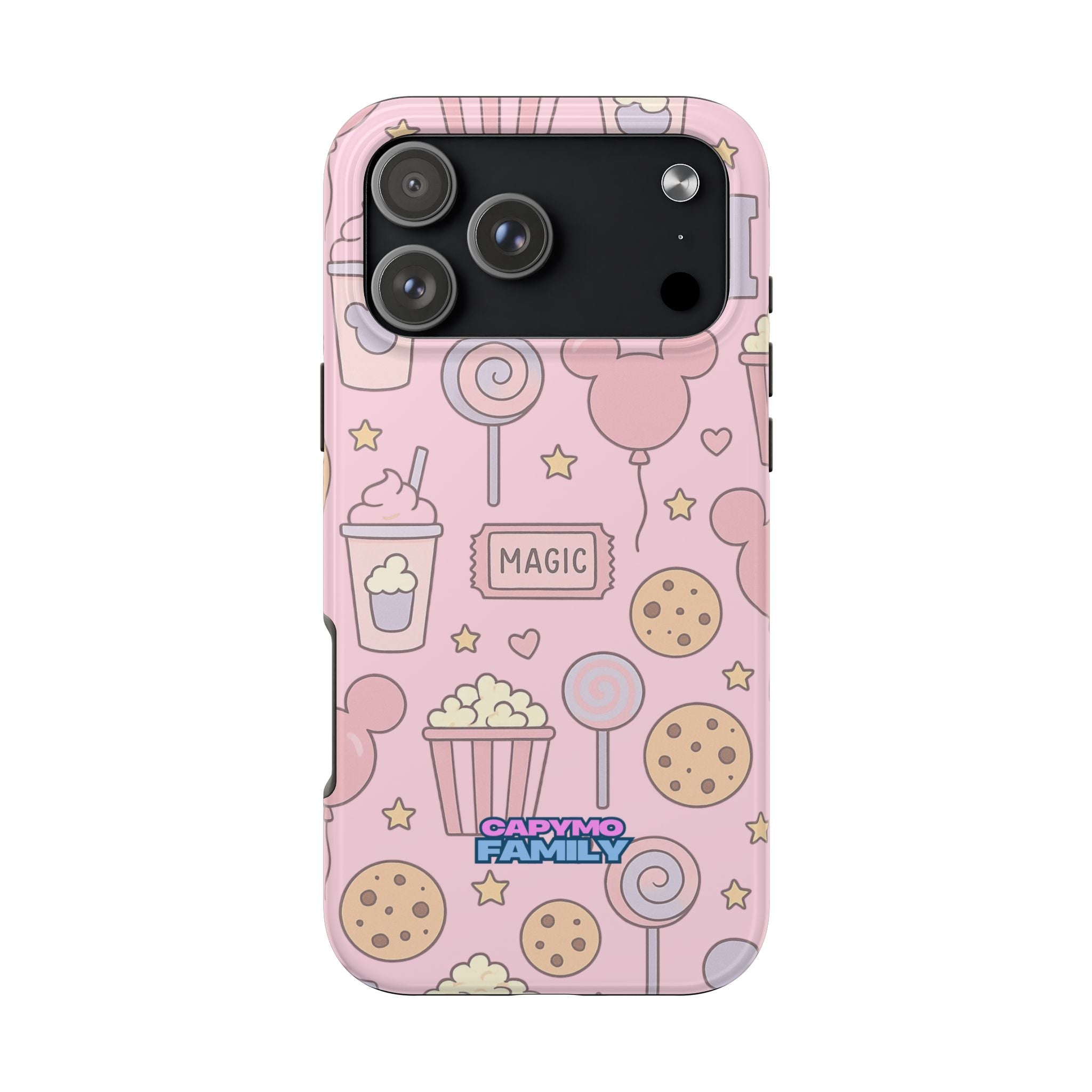 Capymo Family Kawaii Magic Snack Phone Case – Pastel Candy, Popcorn & Cookie Pattern Cover