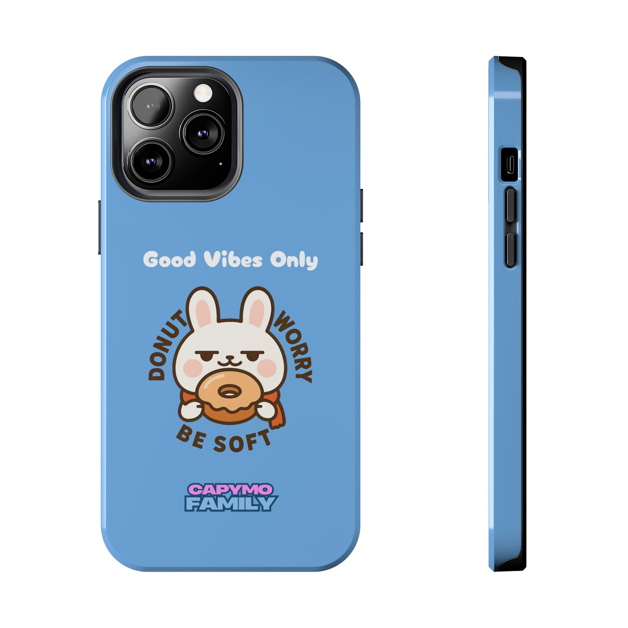 Capymo Family “Donut Worry, Be Soft” Phone Case – Cute Bunny & Donut Positive Vibes Cover