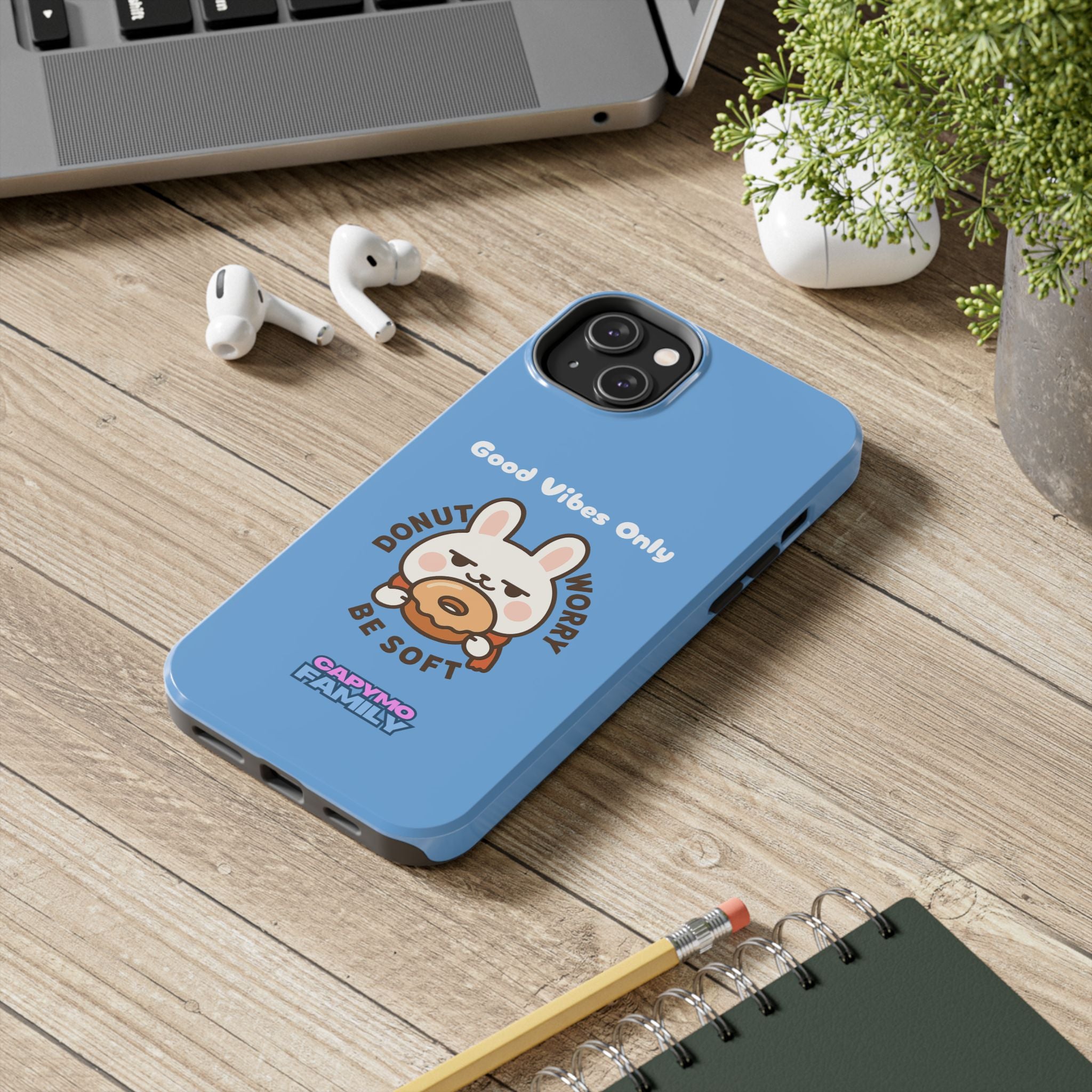 Capymo Family “Donut Worry, Be Soft” Phone Case – Cute Bunny & Donut Positive Vibes Cover