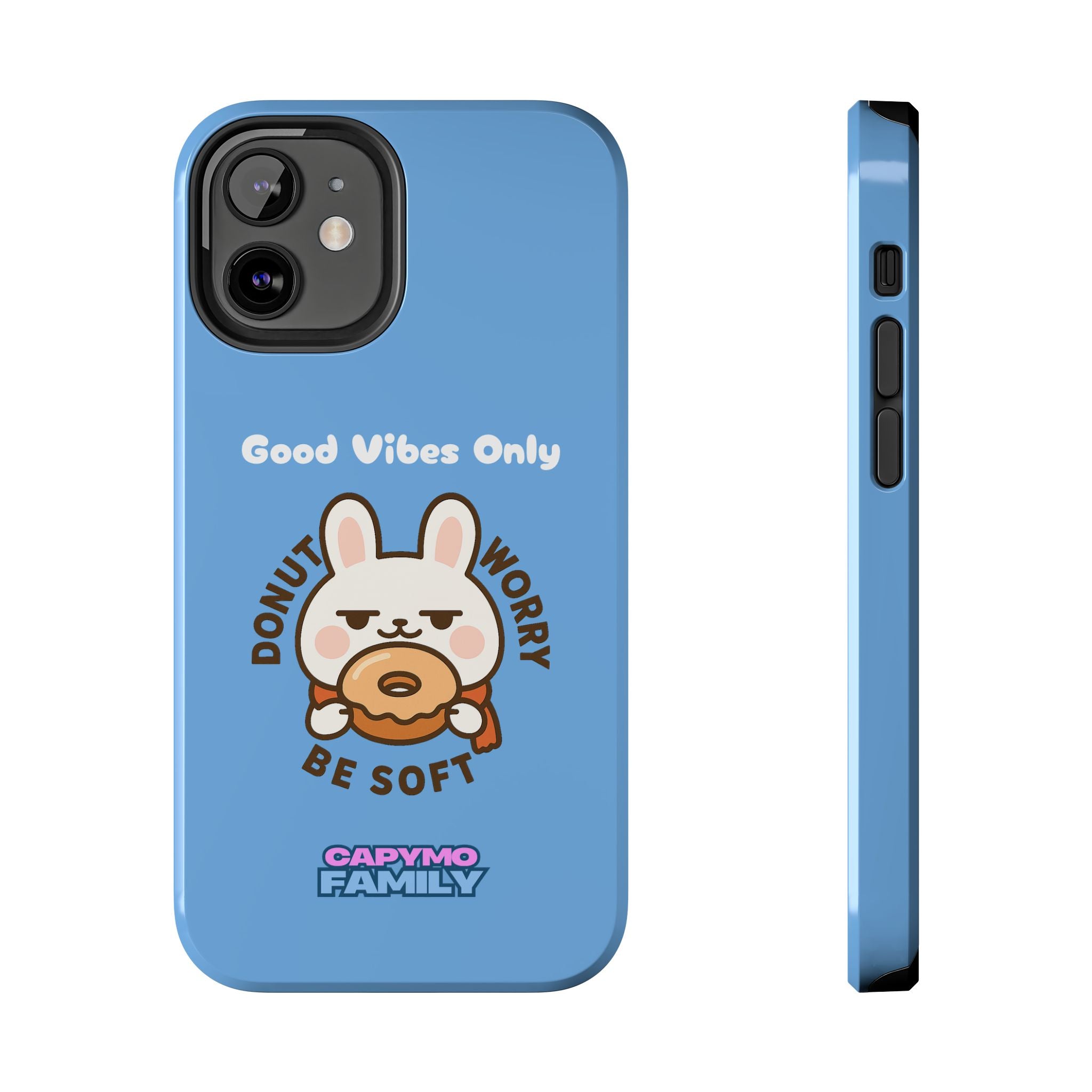 Capymo Family “Donut Worry, Be Soft” Phone Case – Cute Bunny & Donut Positive Vibes Cover