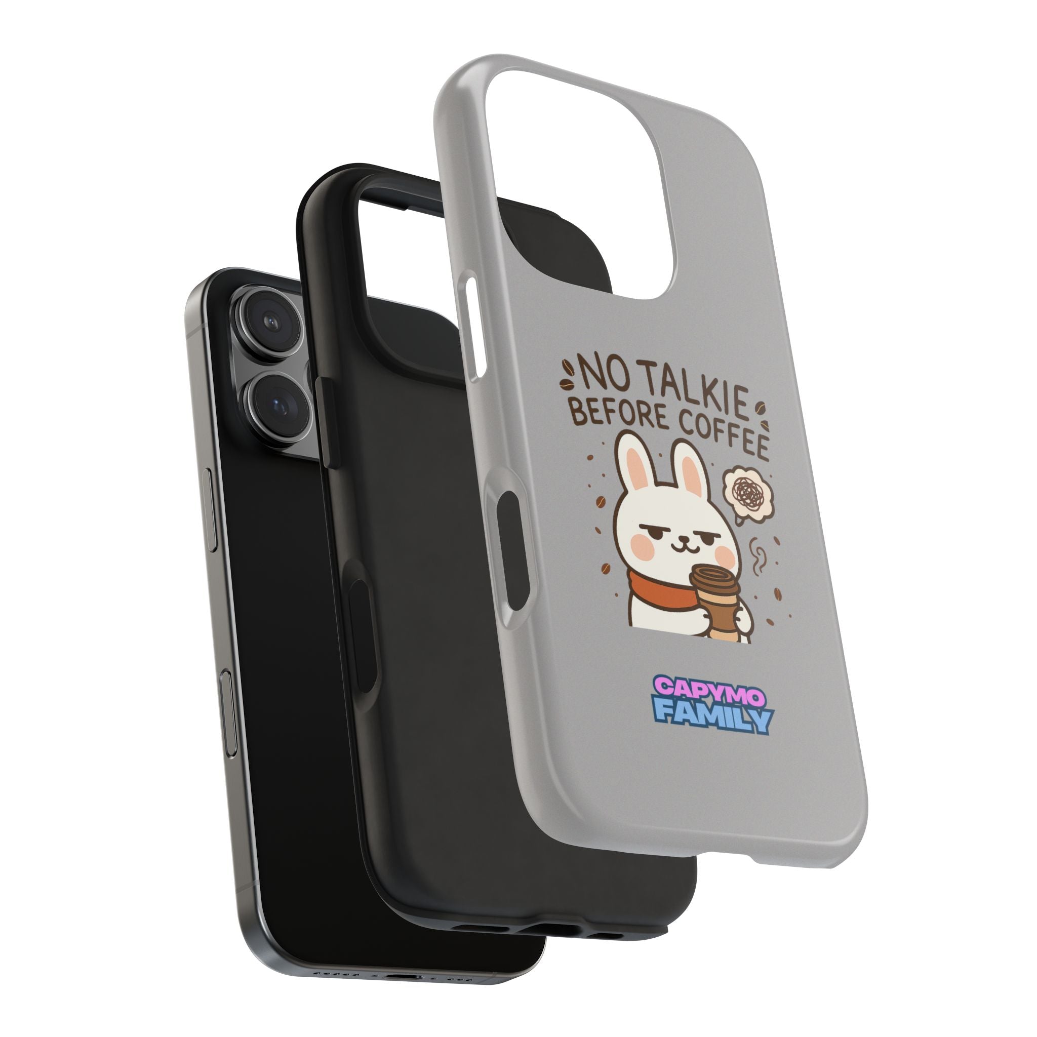 Capymo Family “No Talkie Before Coffee” Phone Case – Grumpy Bunny Morning Mood