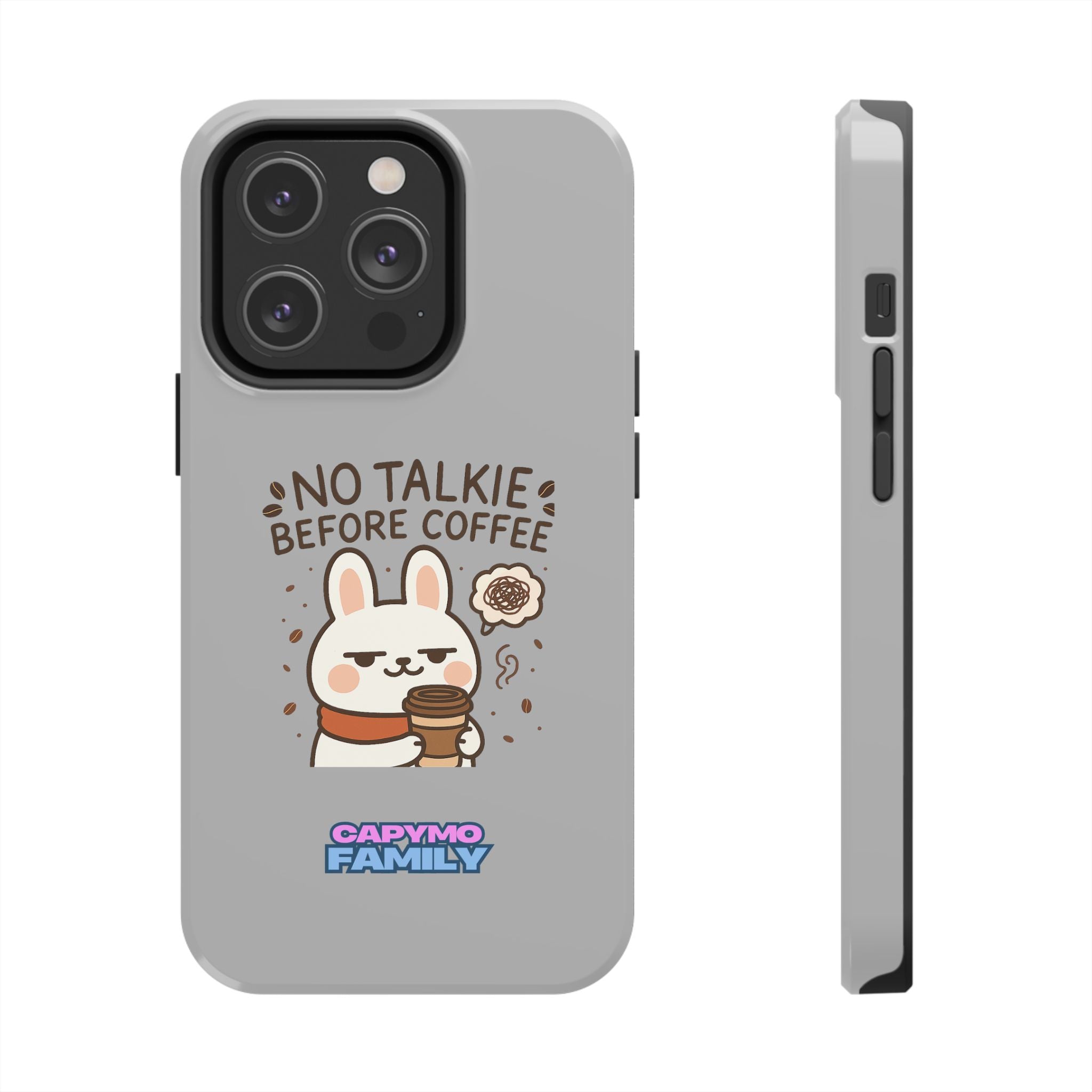 Capymo Family “No Talkie Before Coffee” Phone Case – Grumpy Bunny Morning Mood