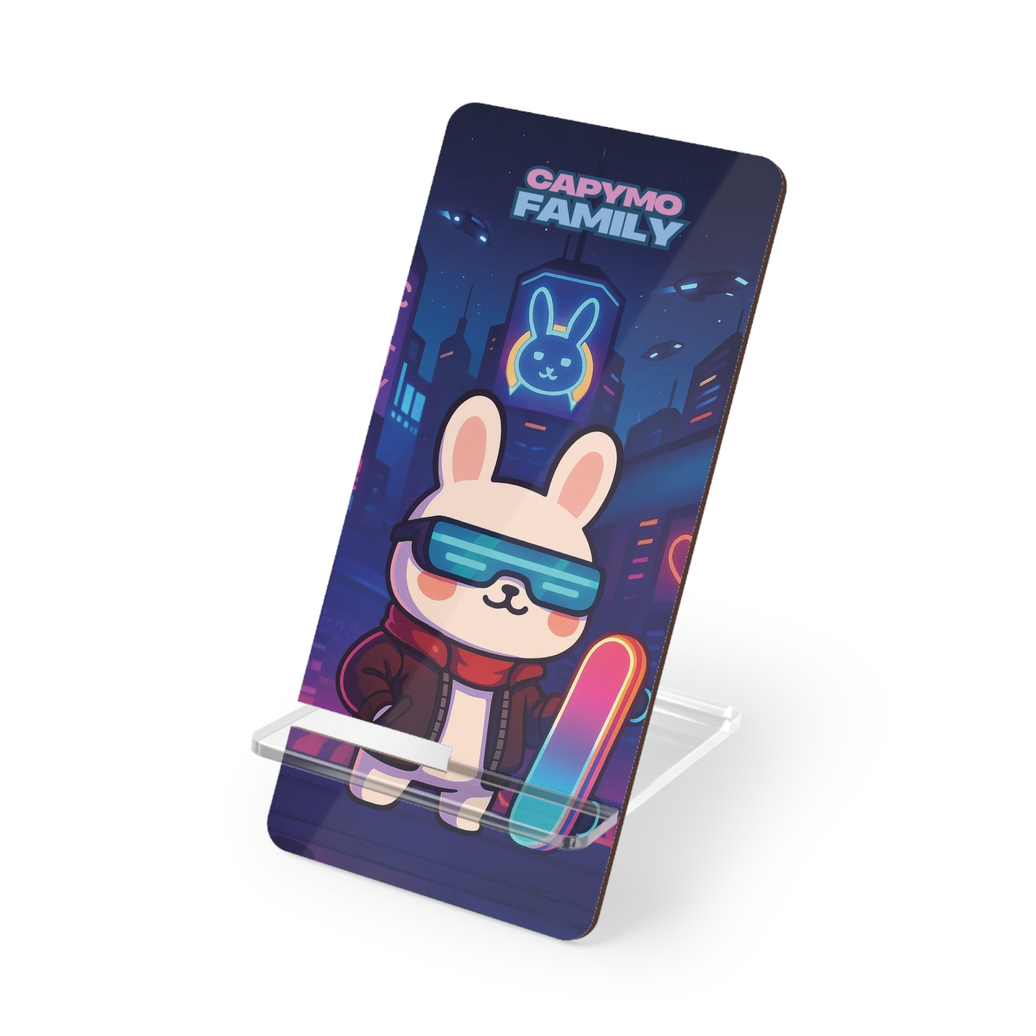 Capymo Family Kawaii Bunny Mobile Stand – “Neo City Skater” Cute Desktop Phone Holder