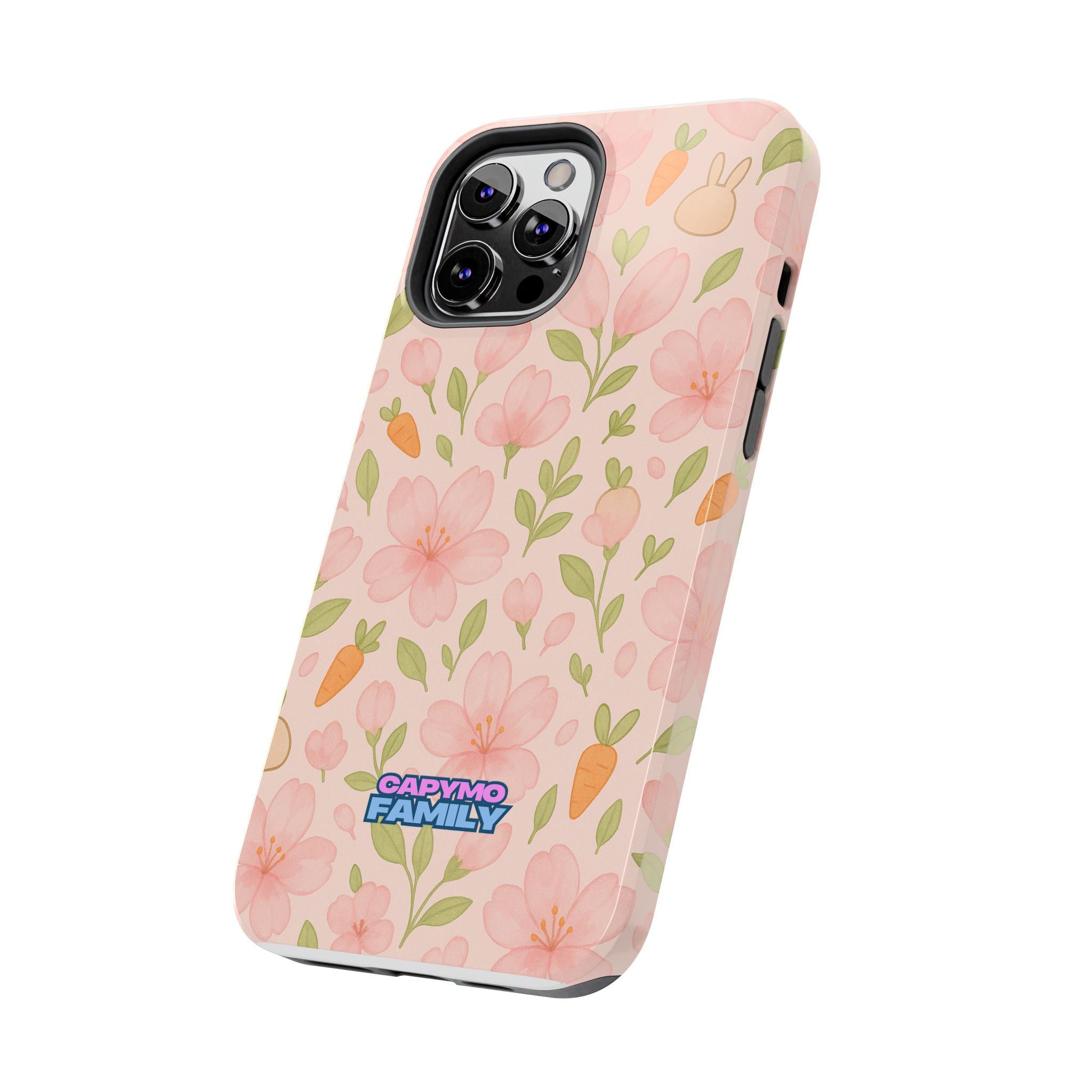 Capymo Family Bunny Blossom Spring Phone Case – Cute Floral iPhone Cover with Carrots & Sakura