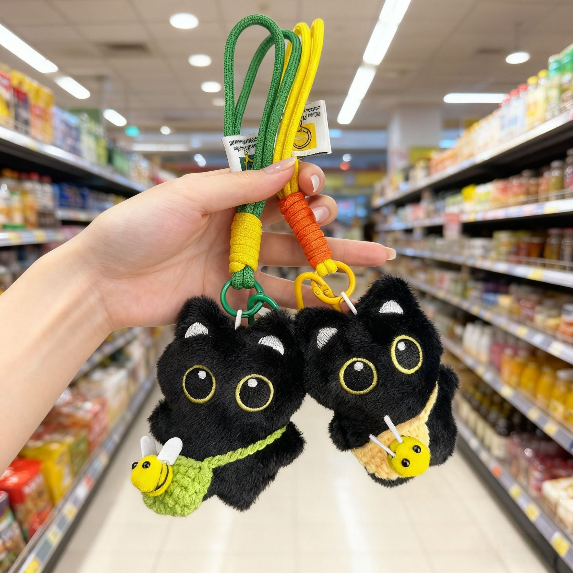 Kawaii Black Cat Keychain Plush – Cute Mini Kitty Bag Charm with Crochet Bee Pouch | 5 Colors