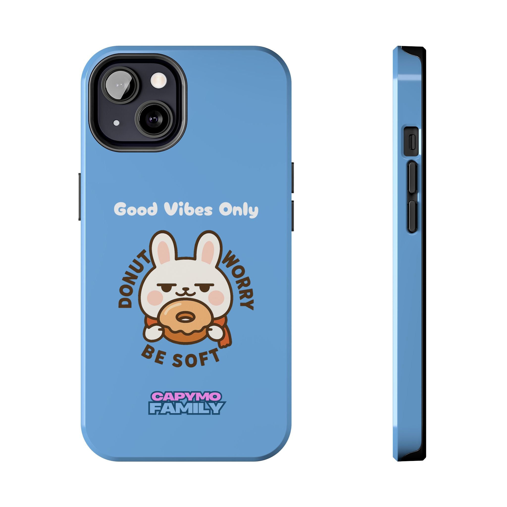 Capymo Family “Donut Worry, Be Soft” Phone Case – Cute Bunny & Donut Positive Vibes Cover