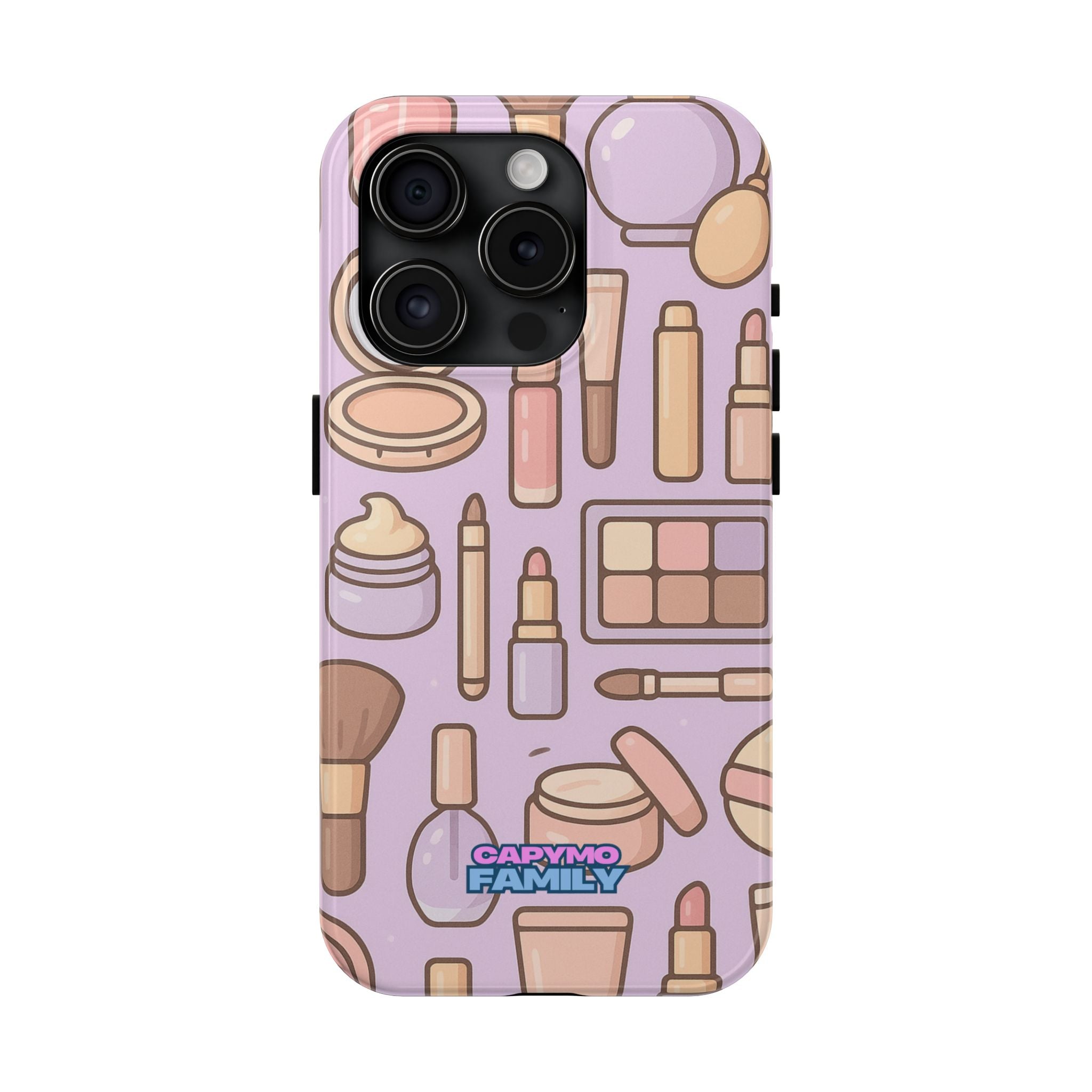 Capymo Family Kawaii Makeup Phone Case – Cute Girly iPhone Cover with Cosmetic Beauty Pattern