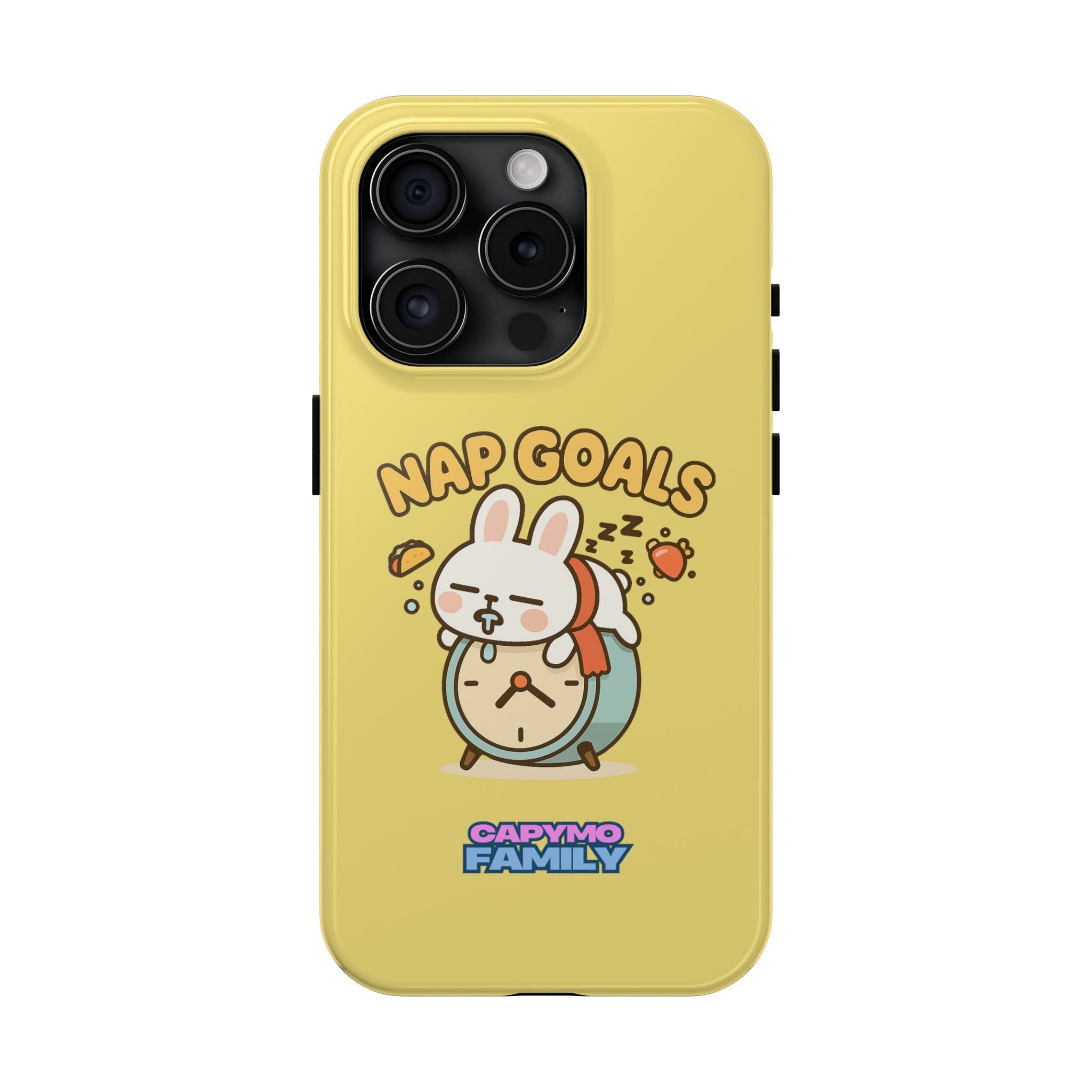 Capymo Family “Nap Goals” Phone Case – Cute Bunny Toto Sleeping on Alarm Clock Cover