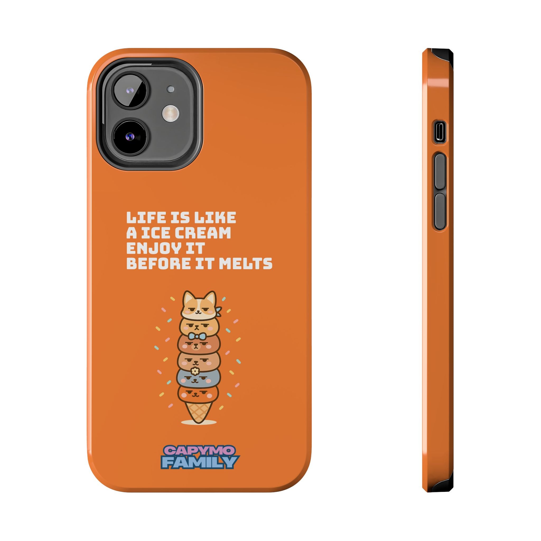 Capymo Family Ice Cream Cat Quote Phone Case – Cute Orange iPhone Cover with Motivational Saying