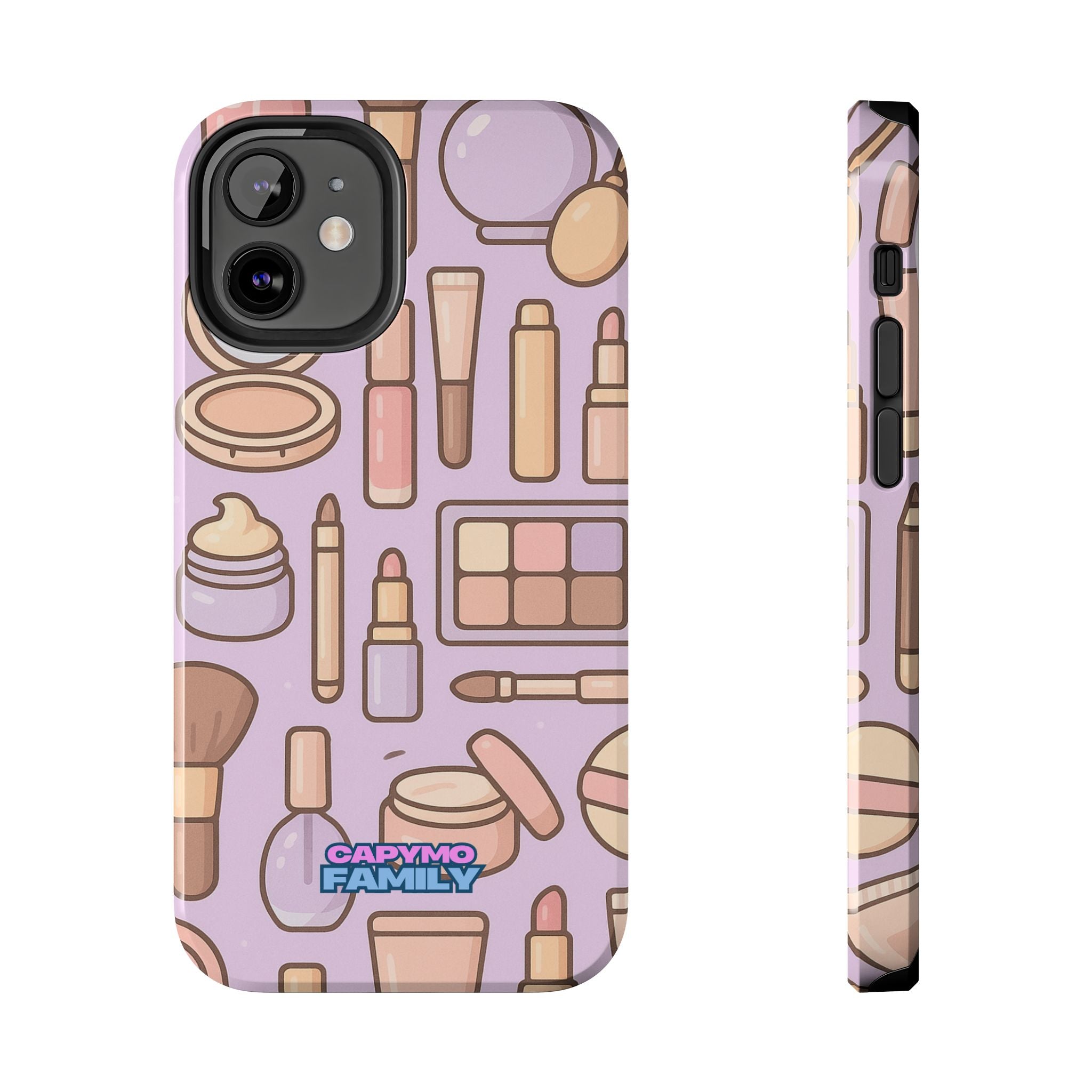 Capymo Family Kawaii Makeup Phone Case – Cute Girly iPhone Cover with Cosmetic Beauty Pattern