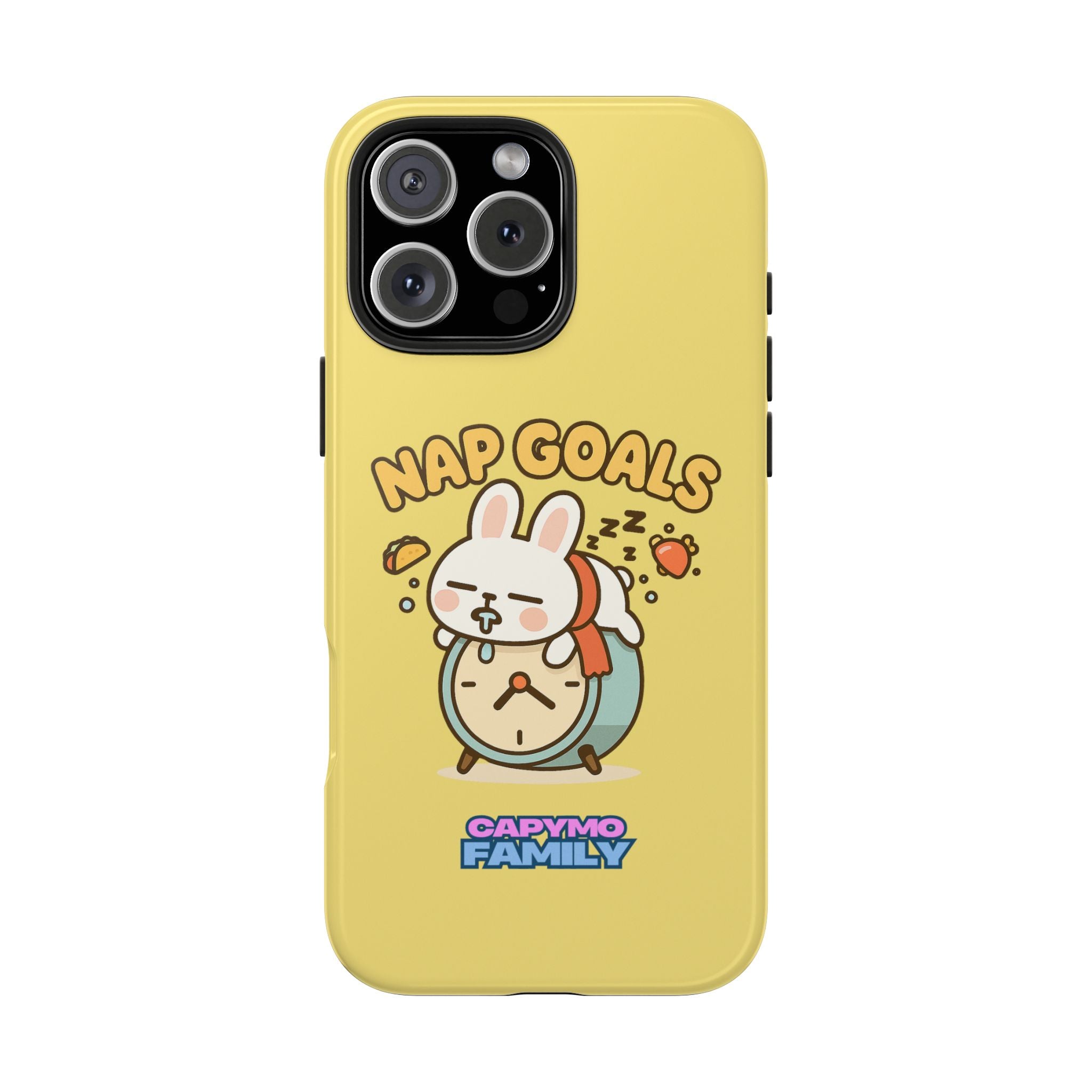 Capymo Family “Nap Goals” Phone Case – Cute Bunny Toto Sleeping on Alarm Clock Cover