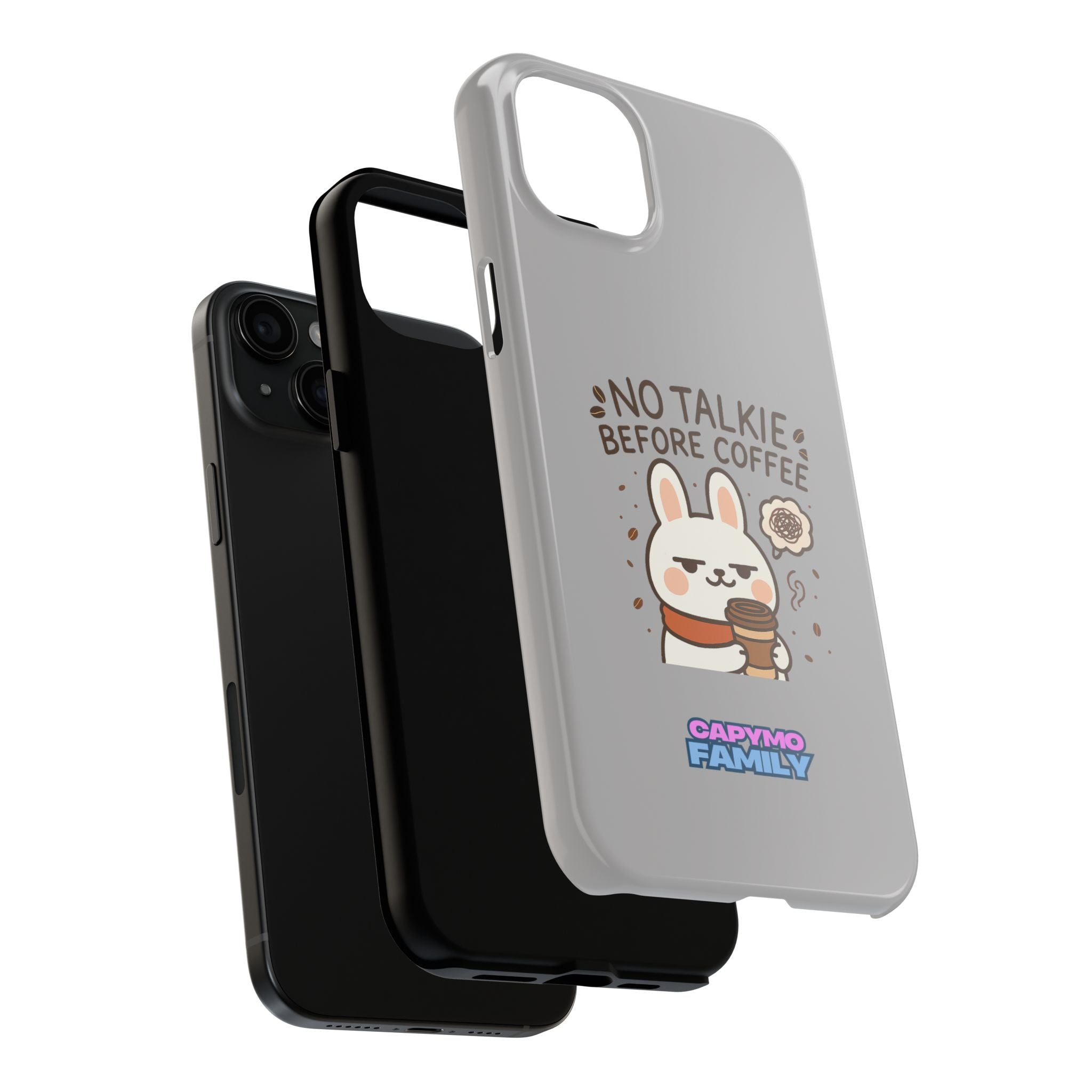 Capymo Family “No Talkie Before Coffee” Phone Case – Grumpy Bunny Morning Mood