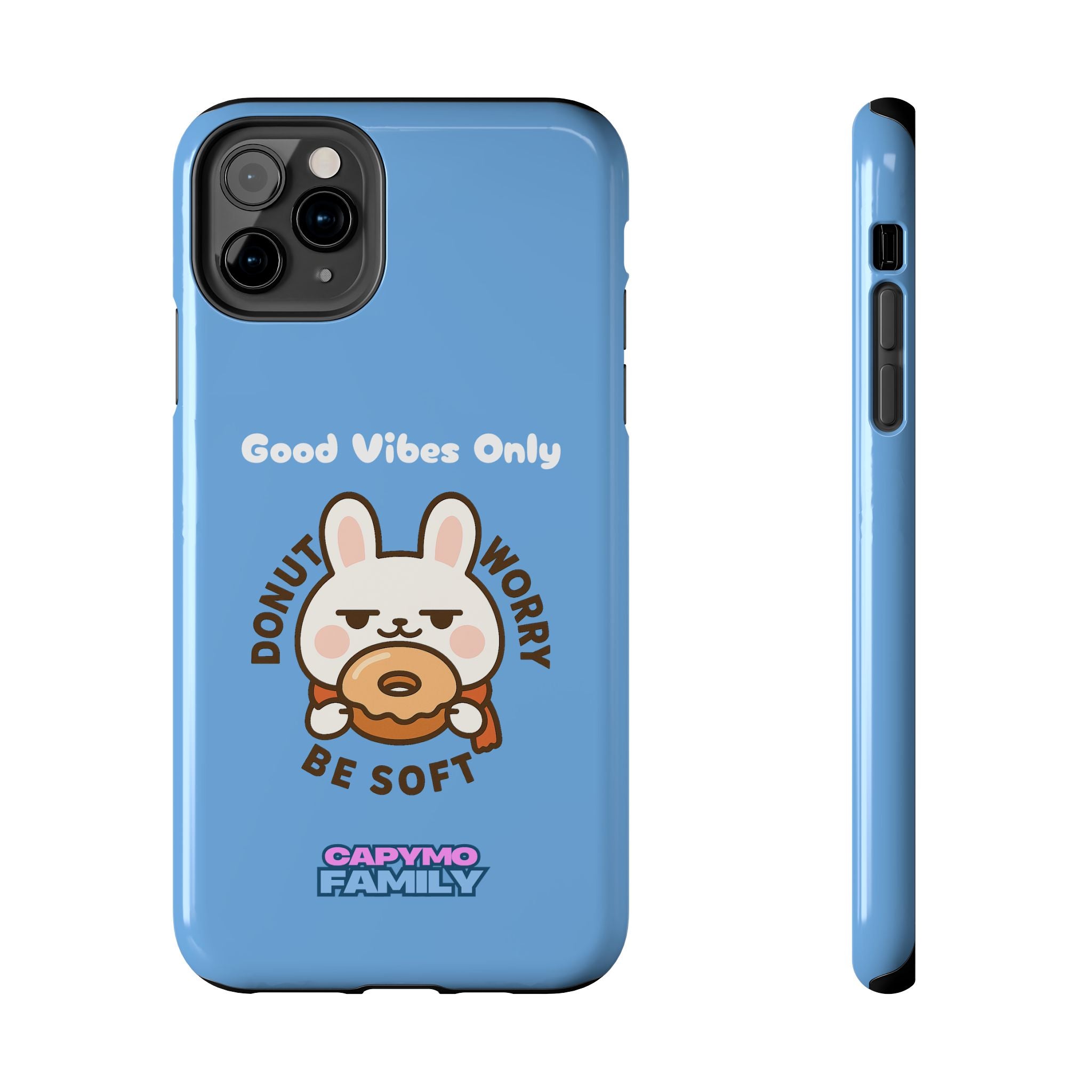 Capymo Family “Donut Worry, Be Soft” Phone Case – Cute Bunny & Donut Positive Vibes Cover