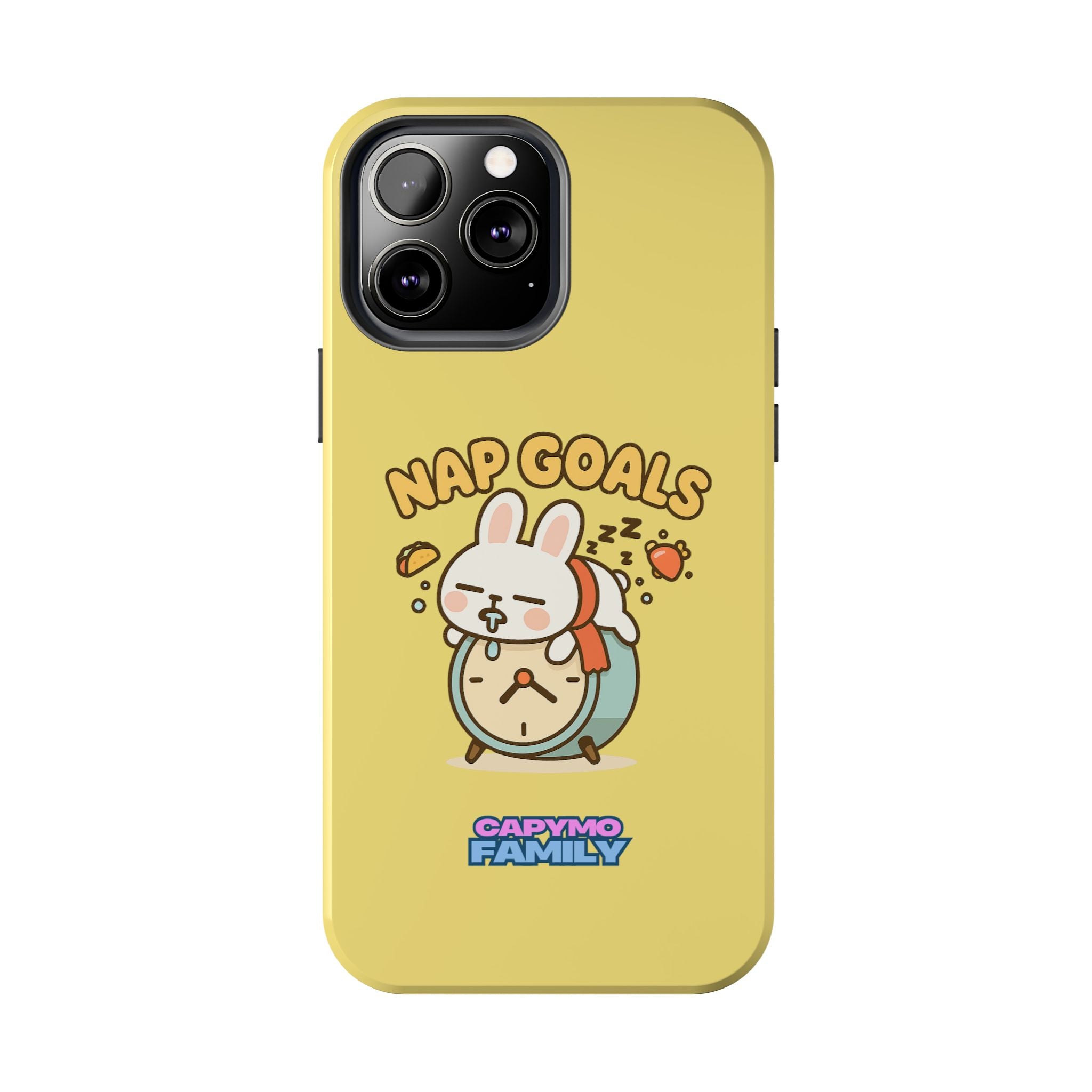 Capymo Family “Nap Goals” Phone Case – Cute Bunny Toto Sleeping on Alarm Clock Cover