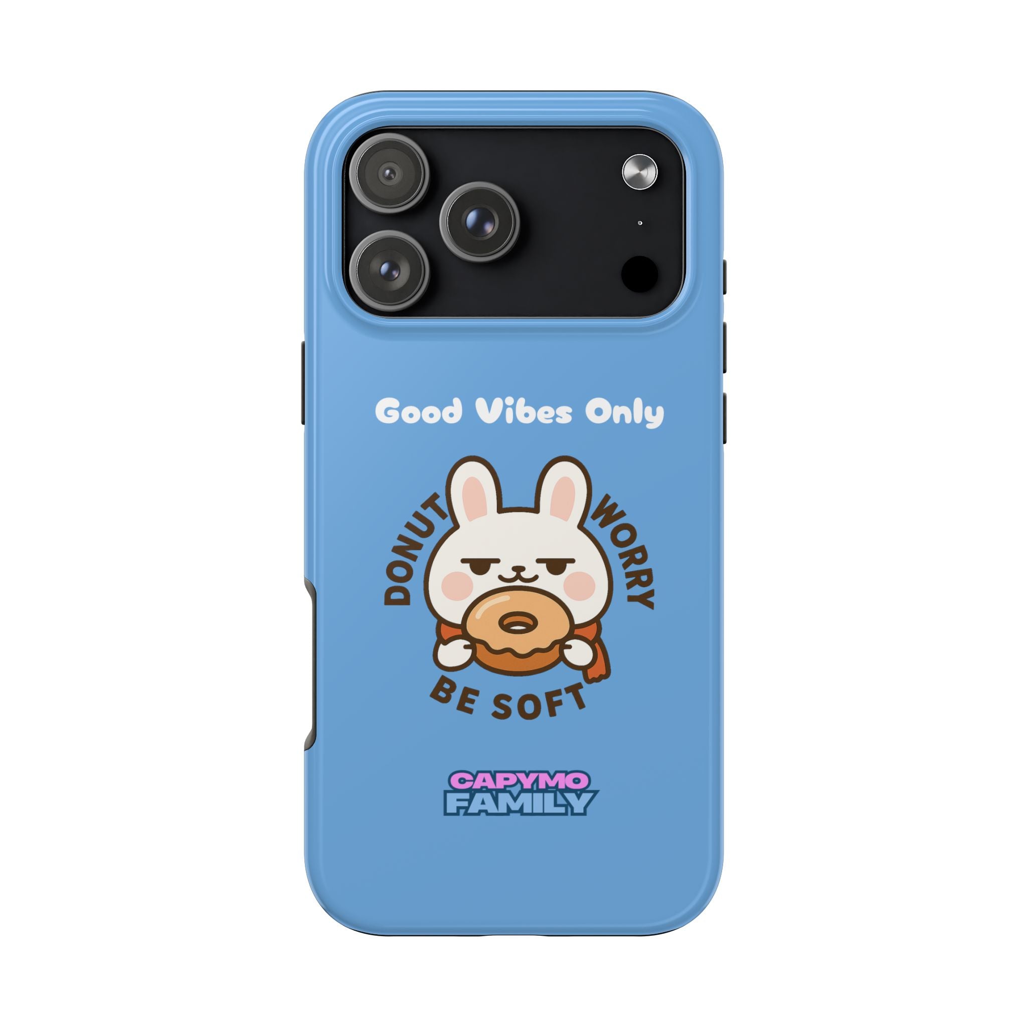 Capymo Family “Donut Worry, Be Soft” Phone Case – Cute Bunny & Donut Positive Vibes Cover