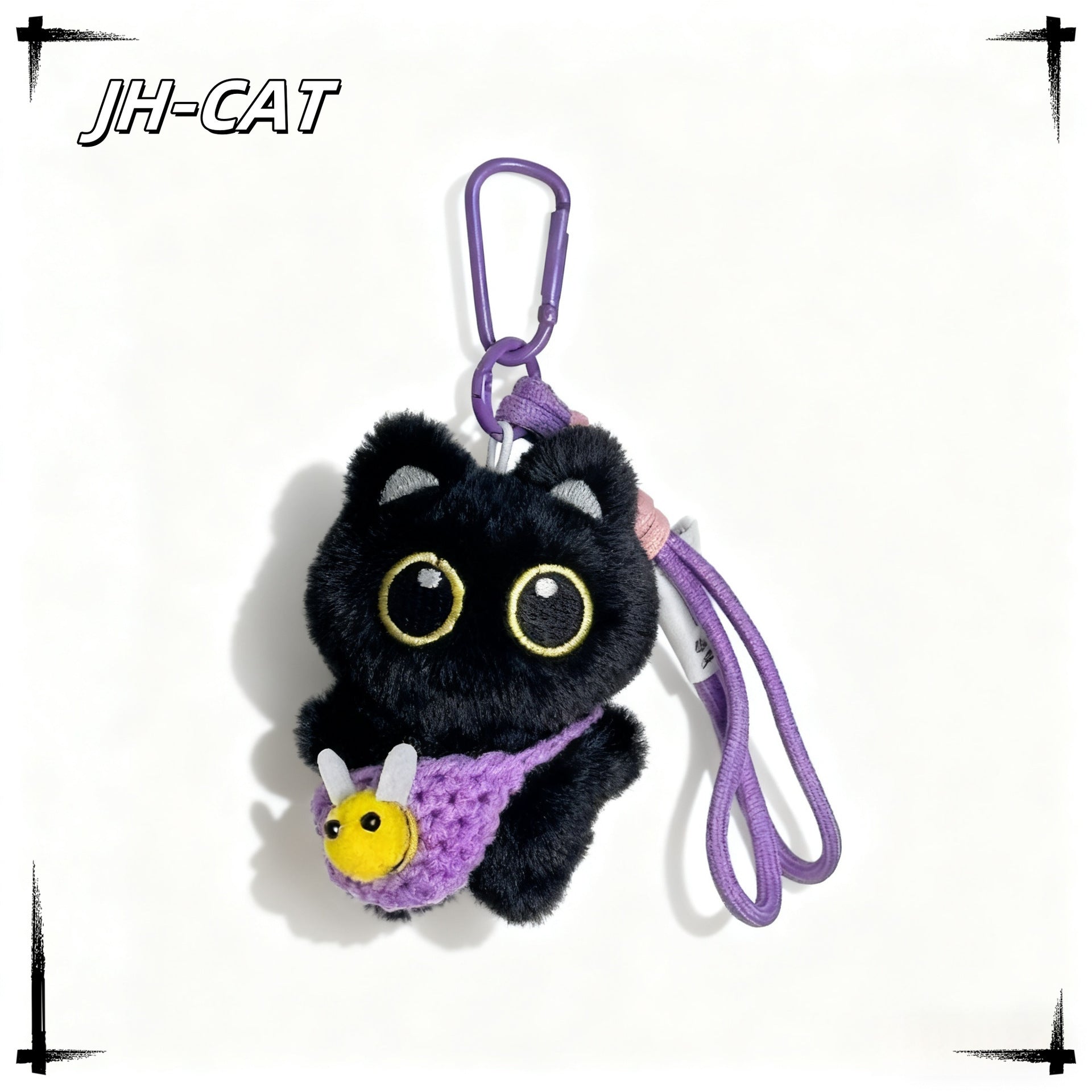 Kawaii Black Cat Keychain Plush – Cute Mini Kitty Bag Charm with Crochet Bee Pouch | 5 Colors