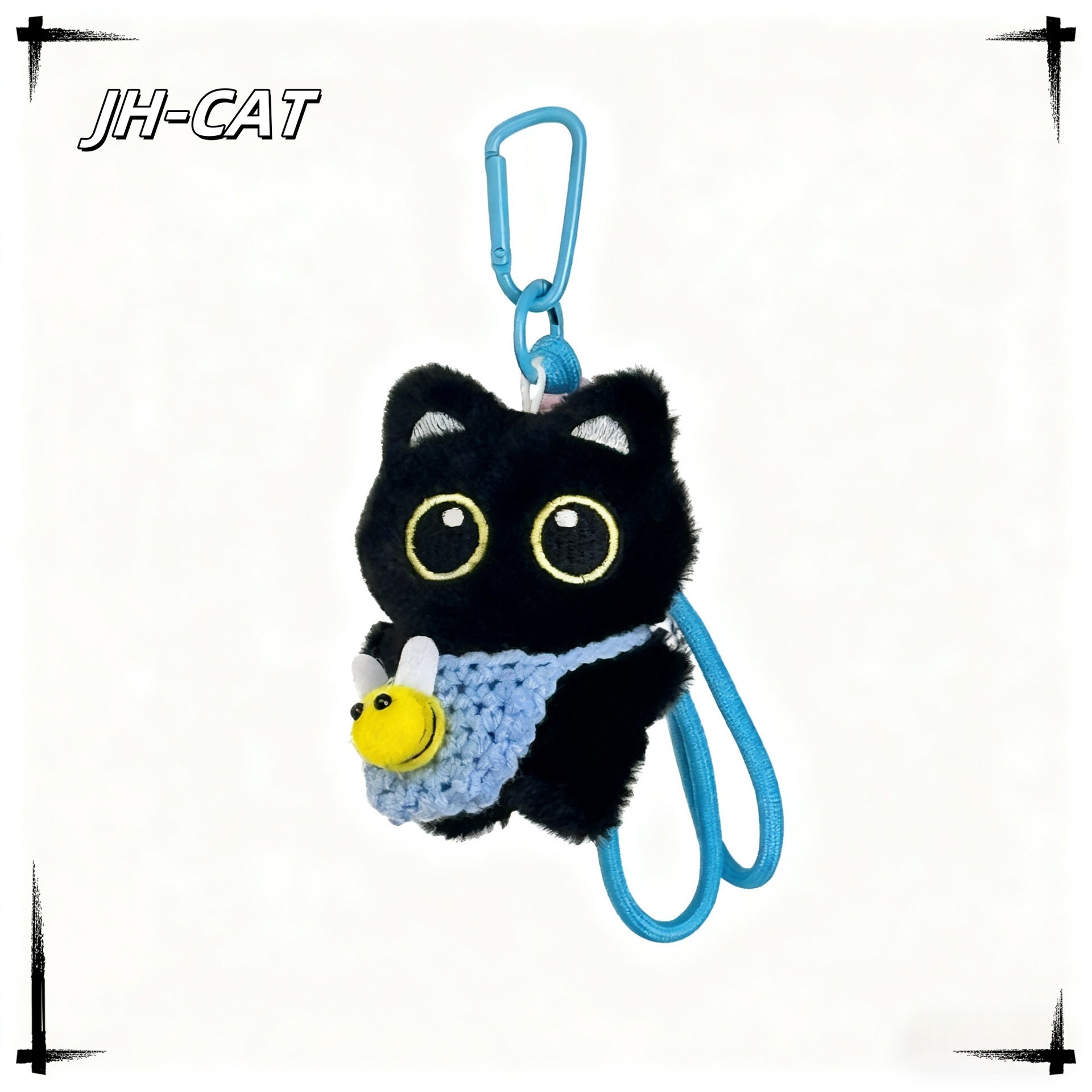 Kawaii Black Cat Keychain Plush – Cute Mini Kitty Bag Charm with Crochet Bee Pouch | 5 Colors