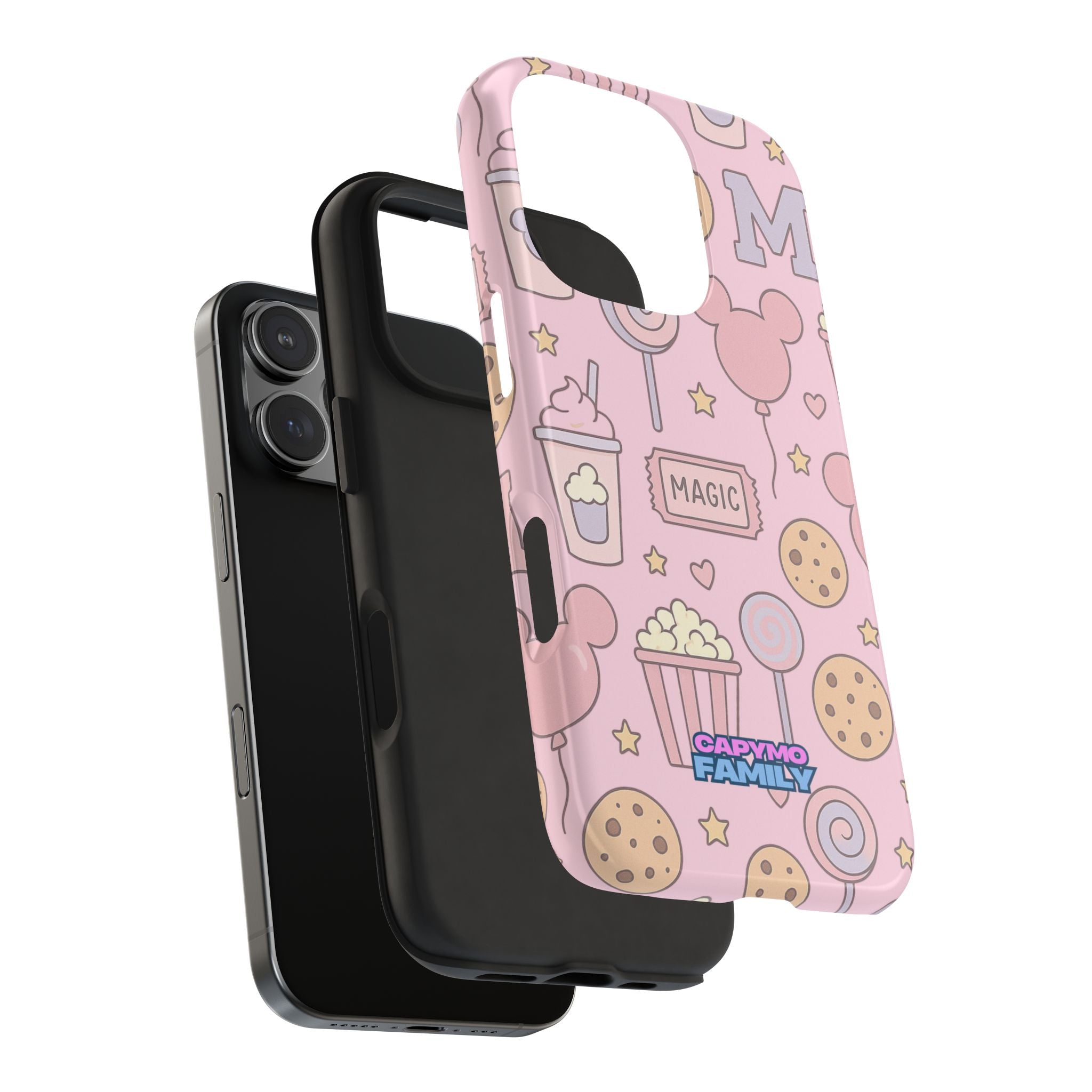Capymo Family Kawaii Magic Snack Phone Case – Pastel Candy, Popcorn & Cookie Pattern Cover