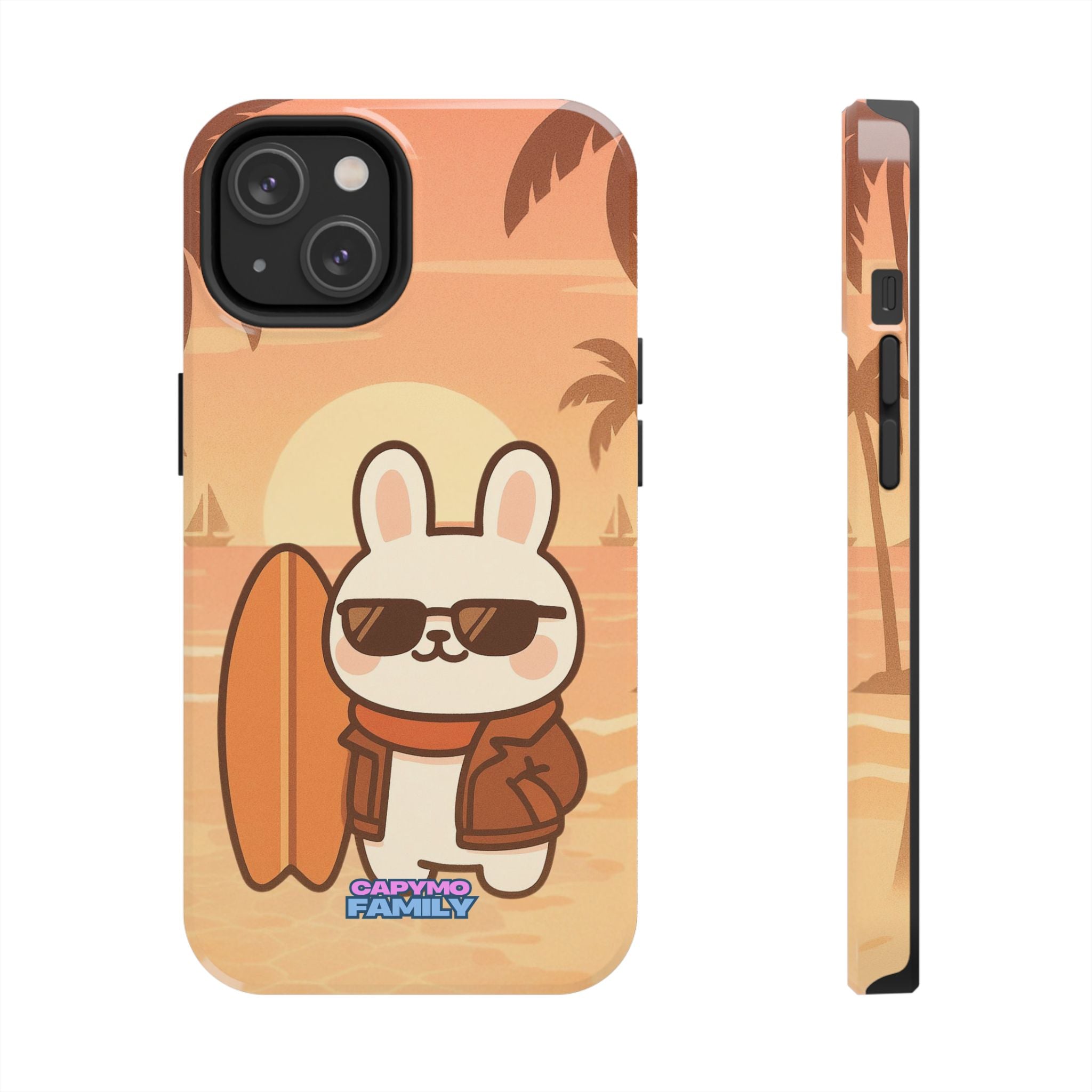 Capymo Family Sunset Surf Bunny Phone Case – Tropical Beach Skateboard Bunny "Toto" Phone Case